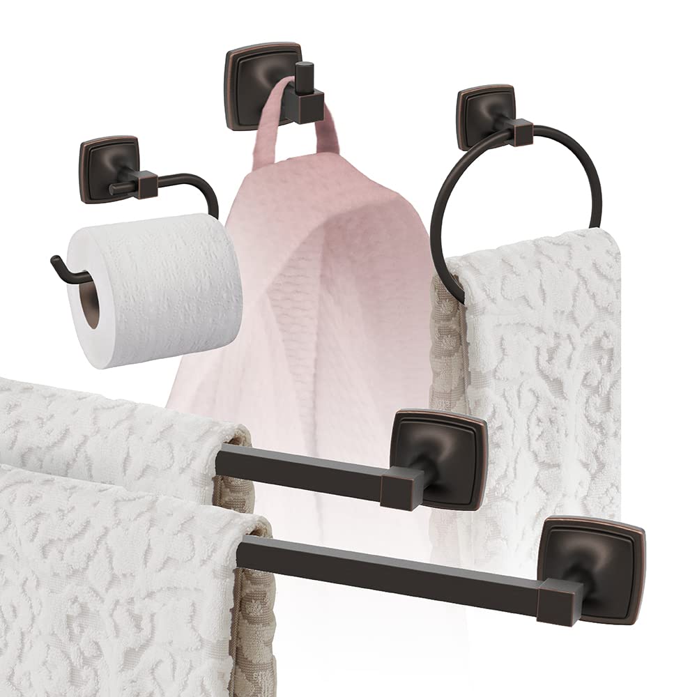 Amerock Oil Rubbed Bronze 5-Piece Bathroom Accessories Set - Premium Towel Bar, Robe Hook, Toilet Paper Holder & More for Modern Bathroom Decor