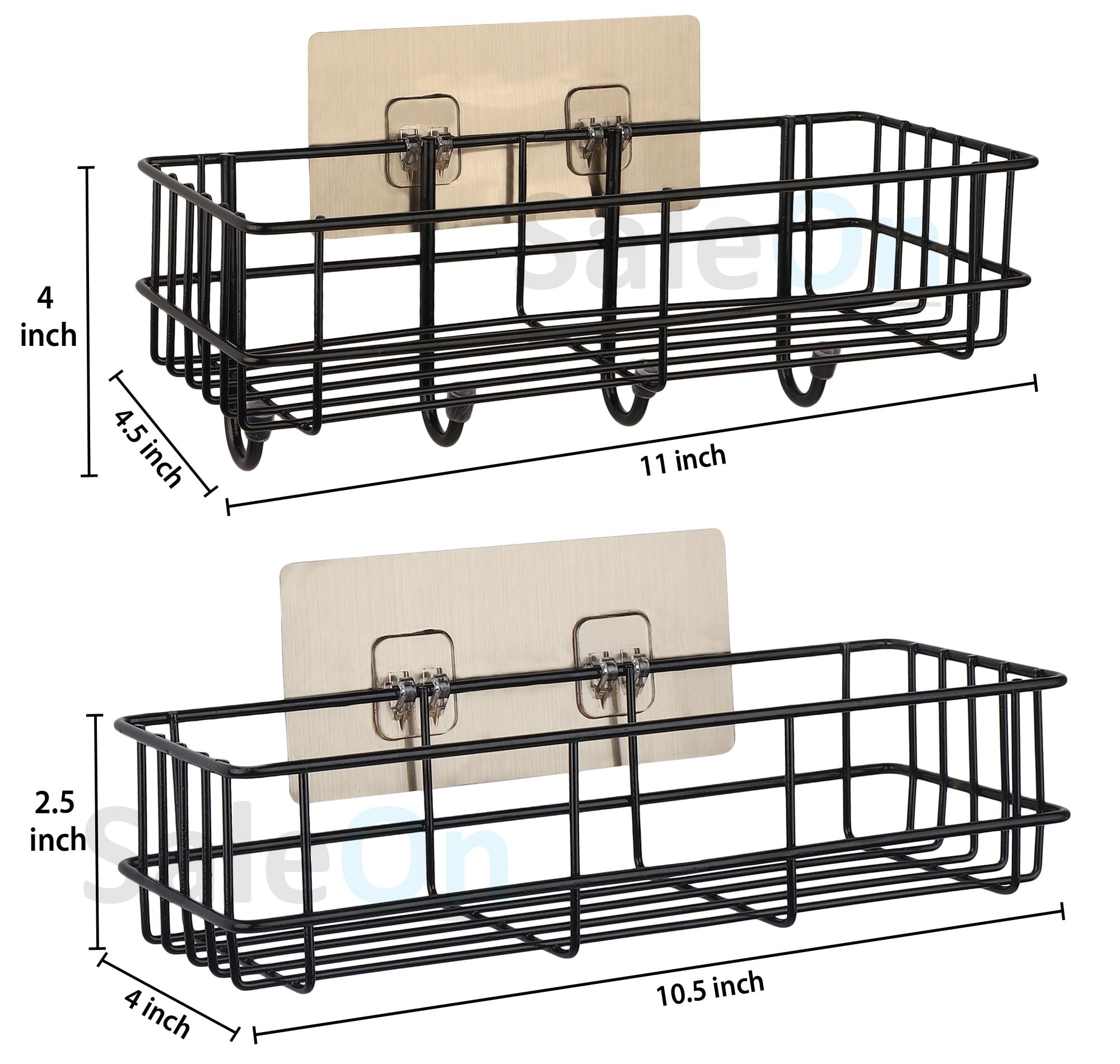 SaleOn Bathroom Shelf Organizer - 2 Pack Metal Wall Mounted Shampoo Rack with 4 Hooks & Adhesive Strips | Space Saving Bathroom Storage for Shower, Kitchen, Laundry Room & Dorm Organization
