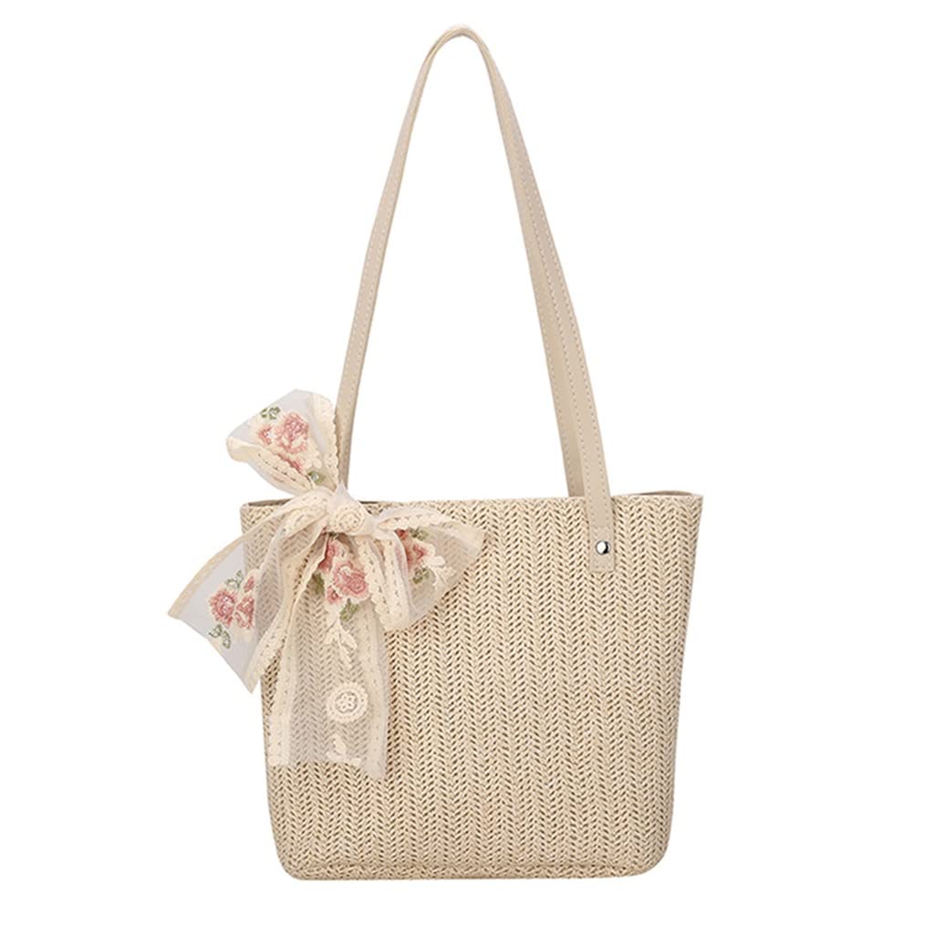 Women's Woven Silk Flower Lace Ribbon Shoulder Bag - Large Capacity Casual Tote Handbag for Shopping, Beach & Daily Use (One Size, Multi-Color)