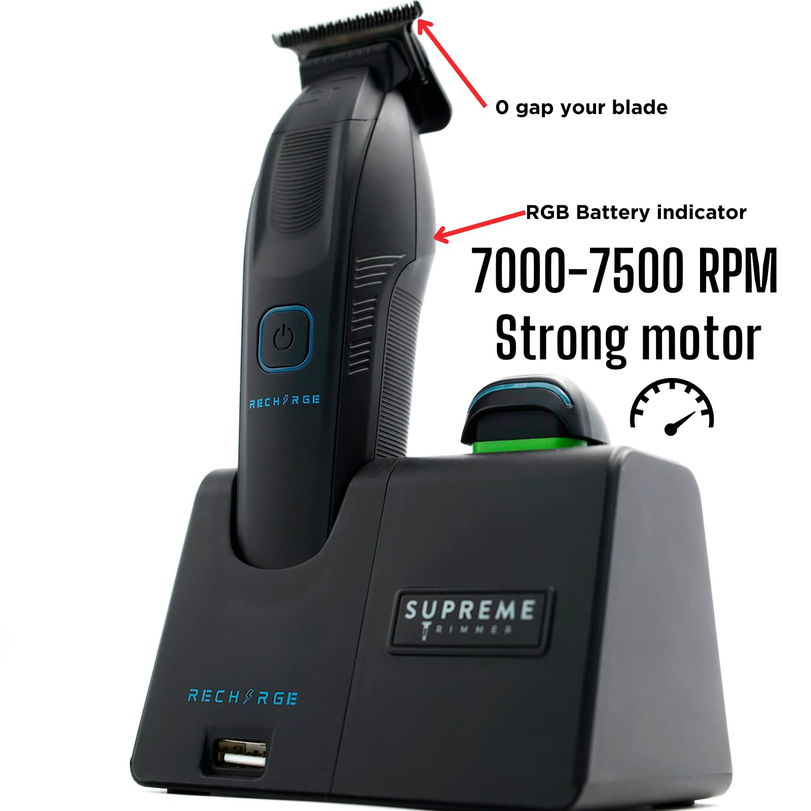 Supreme ST777 Professional Rechargeable Zero Gap Hair Trimmer for Barbers - 7500 RPM High Power, Removable Lithium Battery, Smart USB Charging Stand with Phone Charger (iPhone/Android Compatible) - Perfect for Salon, Home Haircuts & Beard Grooming - Matte Black