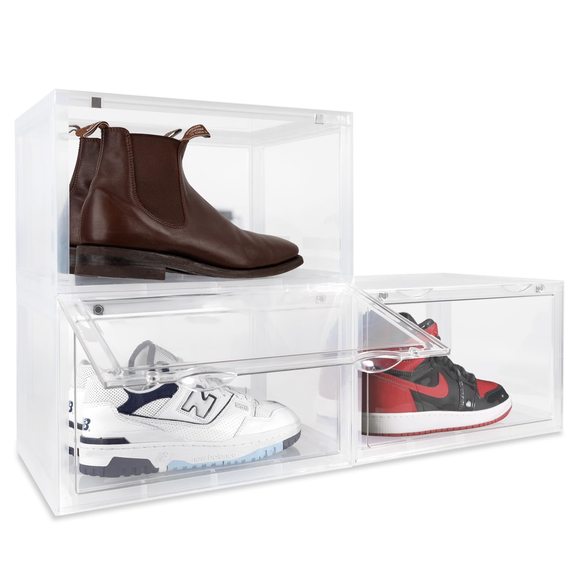 OLLIE XL Foldable Stackable Clear Hard Plastic Shoe Storage Box Organizer for Closet – Holds Up to Size 13 Shoes – Acrylic Shoe Box Containers for Jordan, Sneakers, Boots (3-Pack, Clear) – Perfect for Sneaker Collection, Shoe Display & Closet Organization