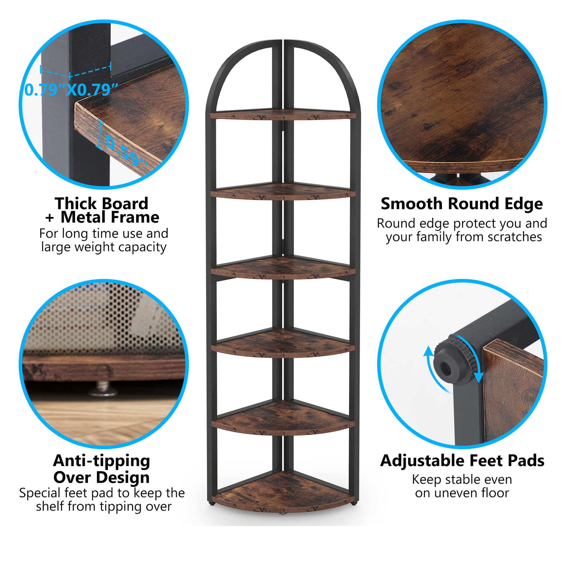 6 Tier Corner Shelf - 71 Inch Tall Space-Saving Bookshelf for Small Spaces | Perfect for Living Room, Bedroom, or Office Storage & Organization