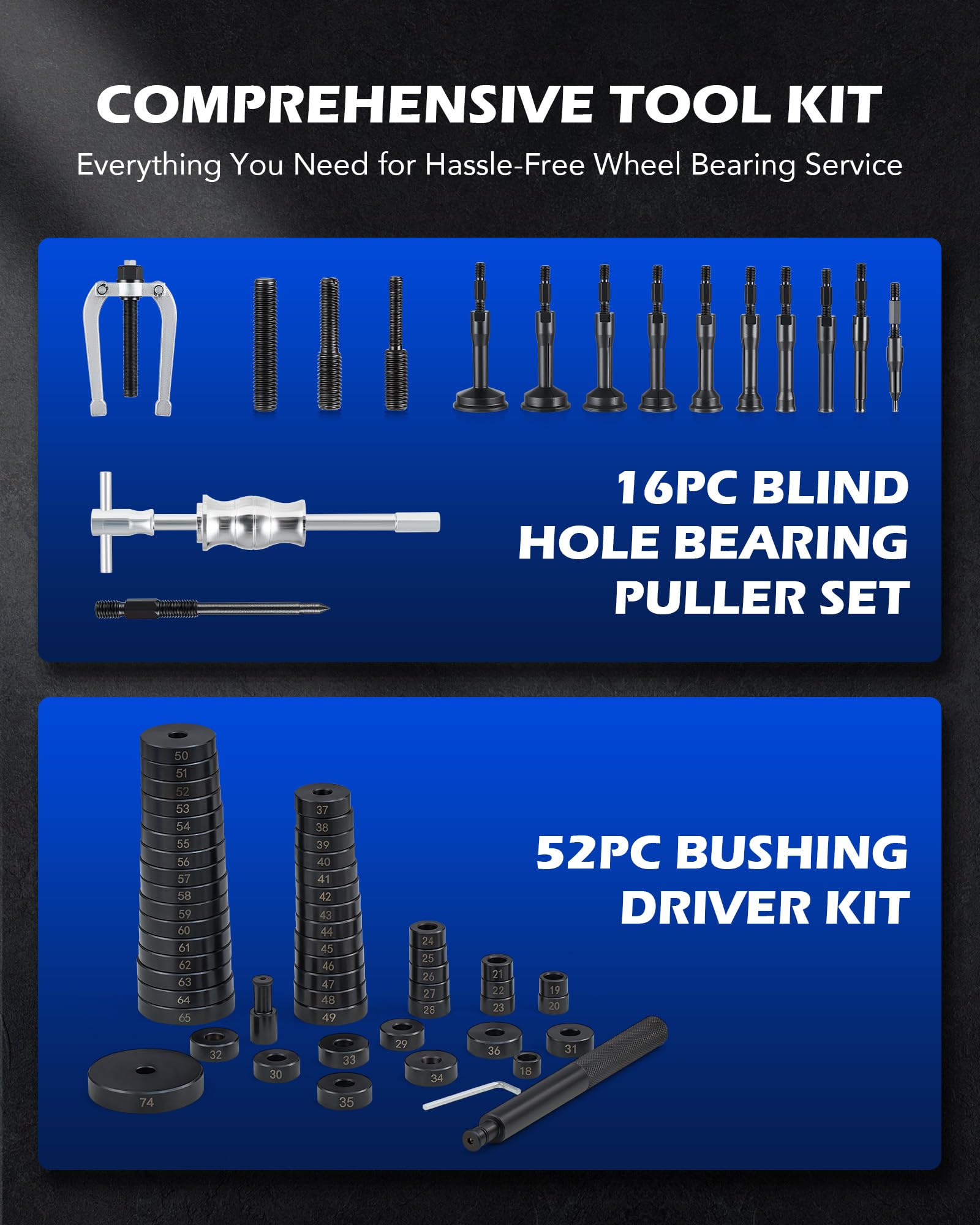Orion Motor Tech 2-in-1 Blind Hole Bearing Puller & Bushing Press Kit - Complete Bearing & Bushing Service Set with Race/Seal Puller, Driver Tools - Wheel Bearing Removal Tool Set for Automotive Repair & Maintenance