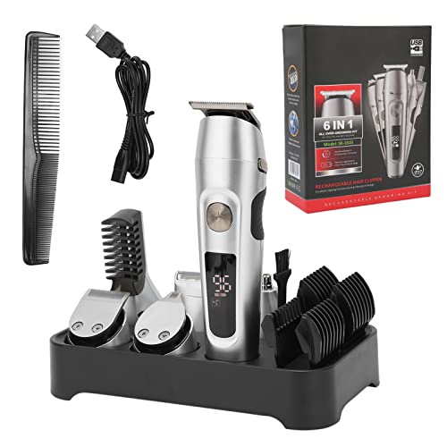Professional Cordless Electric Hair Clipper & Beard Trimmer Kit for Men - 6-in-1 Multifunctional Grooming Set with Washable Design (Silver) - Perfect for Beard, Head, Body & Face Trimming at Home or Travel