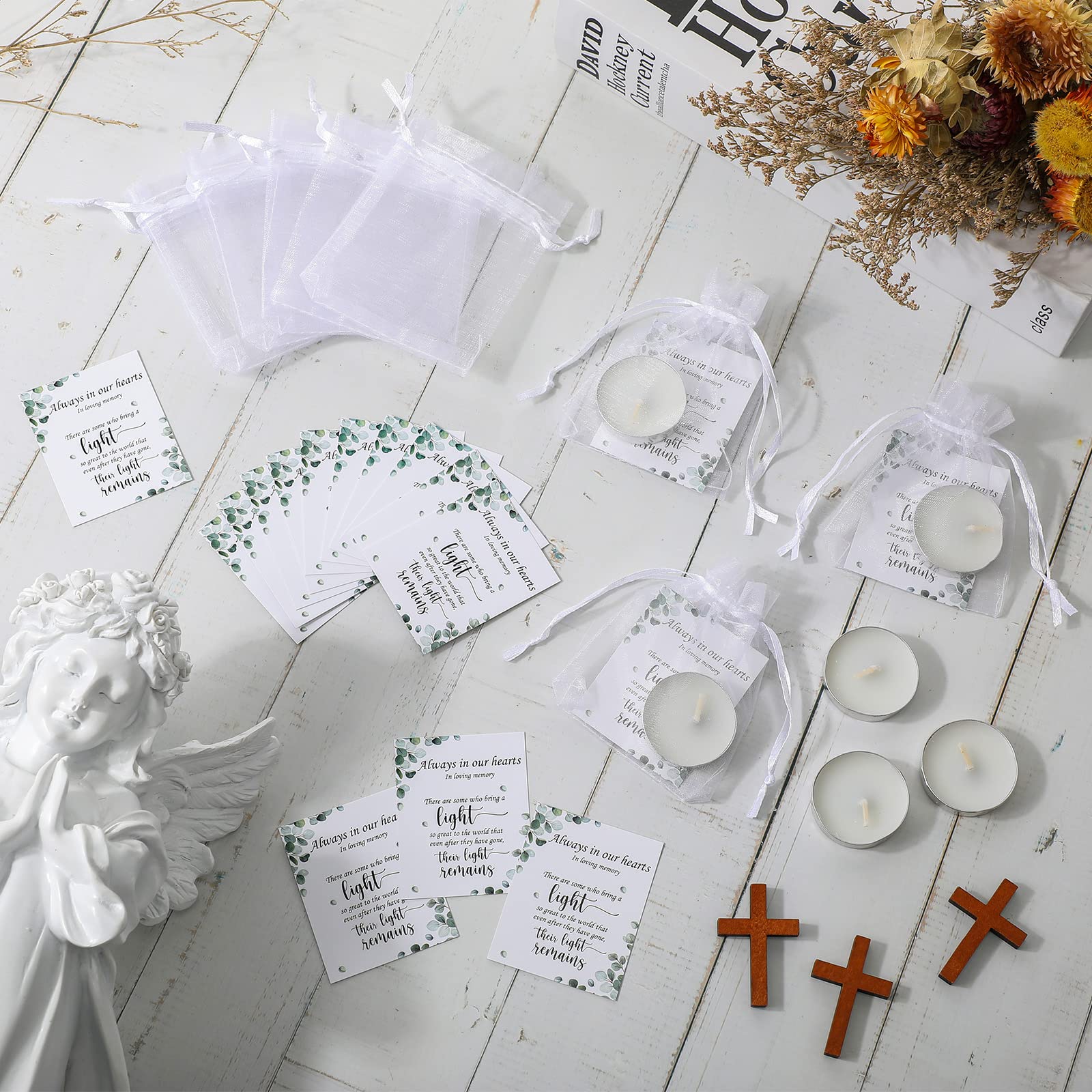 50-Pack Memorial White Unscented Tealight Candles with Condolence Cards & Organza Bags - Funeral Party Favors, Sympathy Gifts for Celebration of Life, Memorial Services & Home Decor