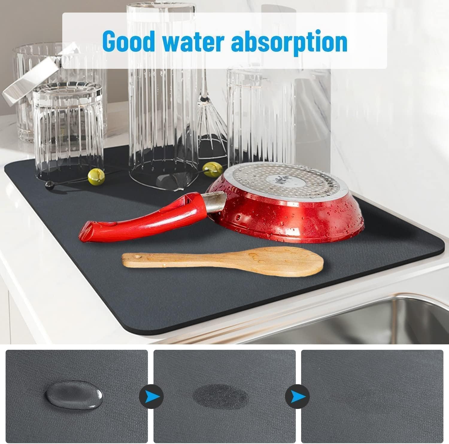 Non-Slip Large Kitchen Drying Mat (60 x 40 cm) - Black Rubber Water Absorbent Dish Drying Rack for Utensils, Cups & Plates | Perfect for Countertops, Sink Areas & Dish Racks