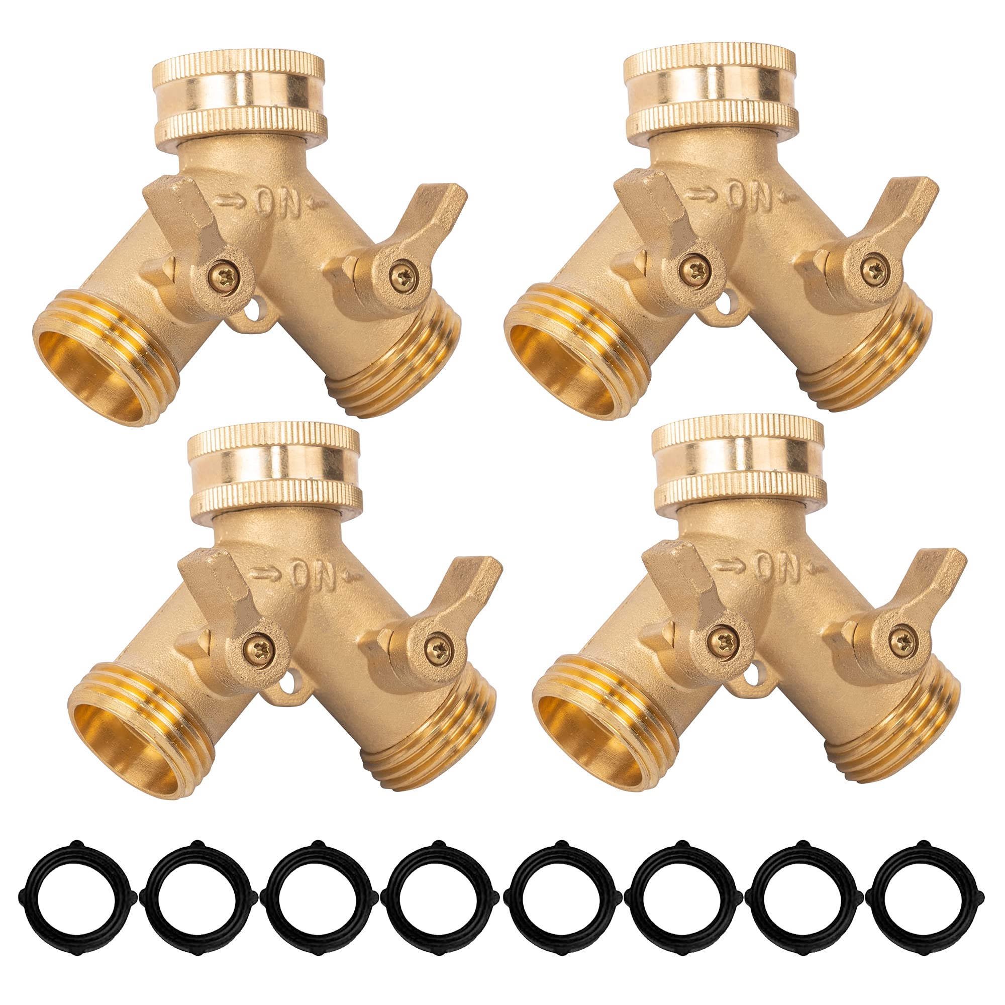 Premium 2-Way Solid Brass Garden Hose Splitter with 2 Valves & 4 Rubber Washers - Heavy Duty Water Y Connector for Lawn Irrigation, Car Washing & Outdoor Watering