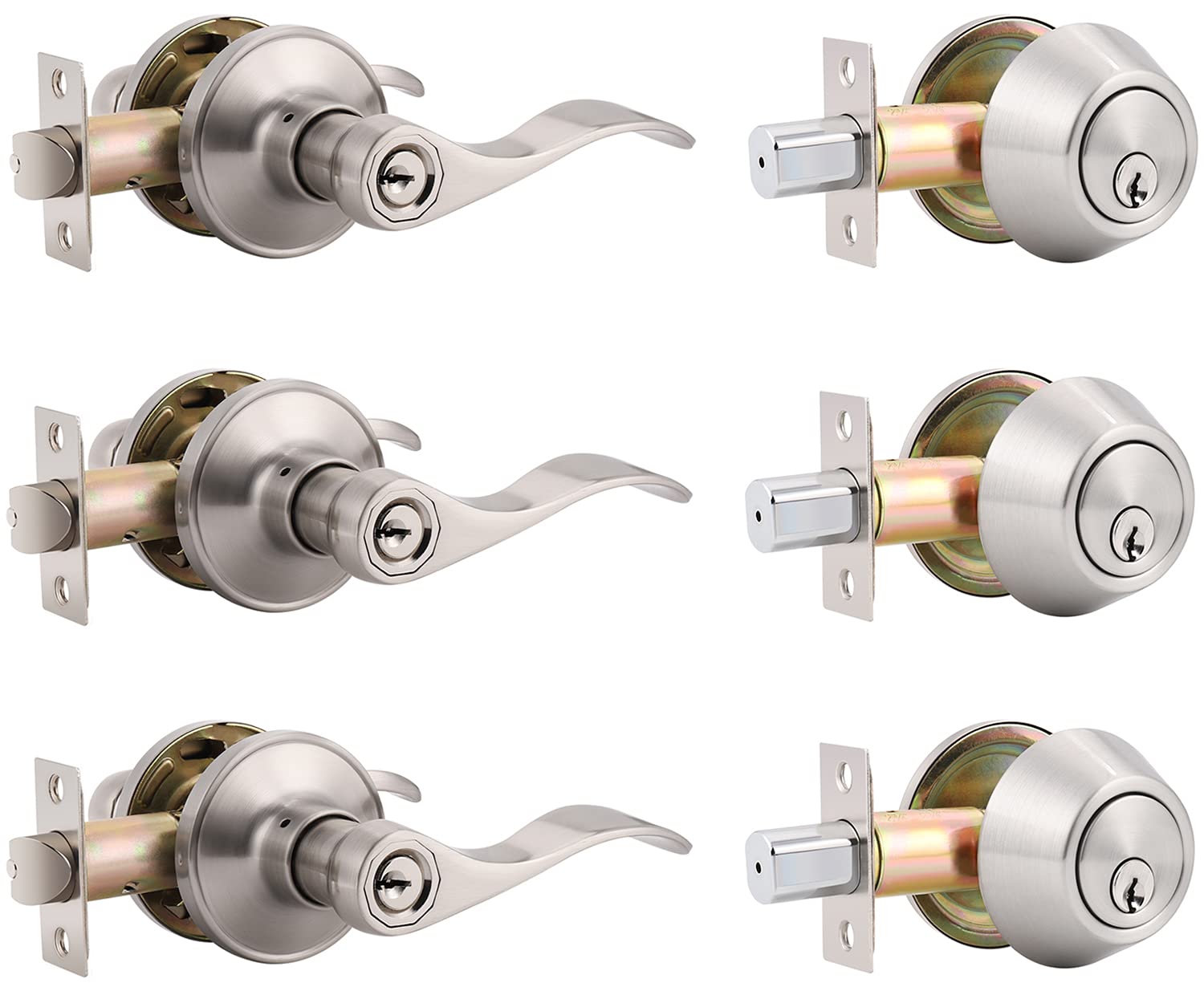 3 Pack Keyed Entry Door Lock Set - Keyed Alike Single Cylinder Deadbolt with Wave Style Handle, Satin Nickel Finish, Reversible Leverset for Home Security | Perfect for Bedroom, Front Door, Office & Apartment Use