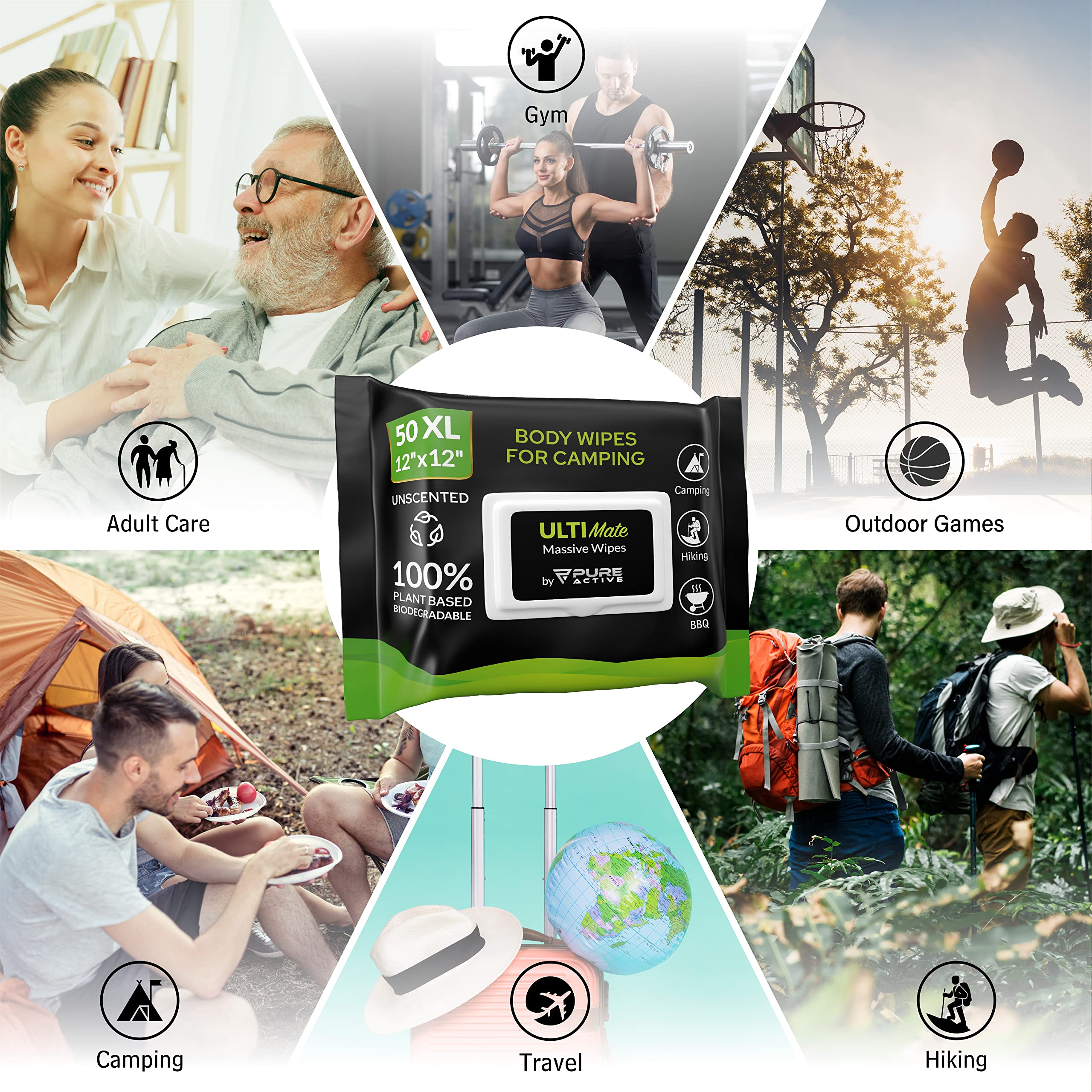 **50 Pack XXL Biodegradable Body Wipes for Camping & Travel - 12