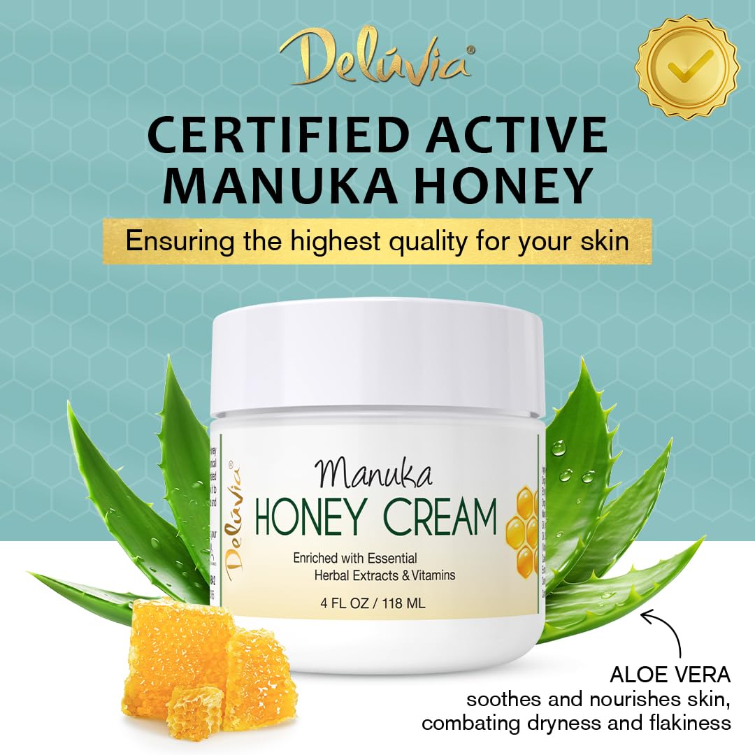 Deluvia Manuka Honey Cream - Hydrating & Soothing Moisturizer for Face & Body | Sensitive Skin Care for Eczema, Psoriasis & Dermatitis | 4 oz | Perfect for Daily Skincare & Dry Skin Relief