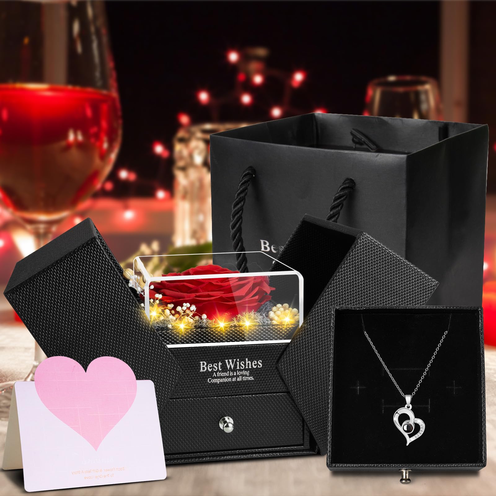 Eternal Preserved Red Rose in Glass Dome - Real Flower Gift for Mom, Grandma, Wife & Girlfriend | Romantic Anniversary, Birthday, Christmas Present with 'I Love You' Necklace | Perfect for Home Decor, Wedding Centerpiece & Special Occasions