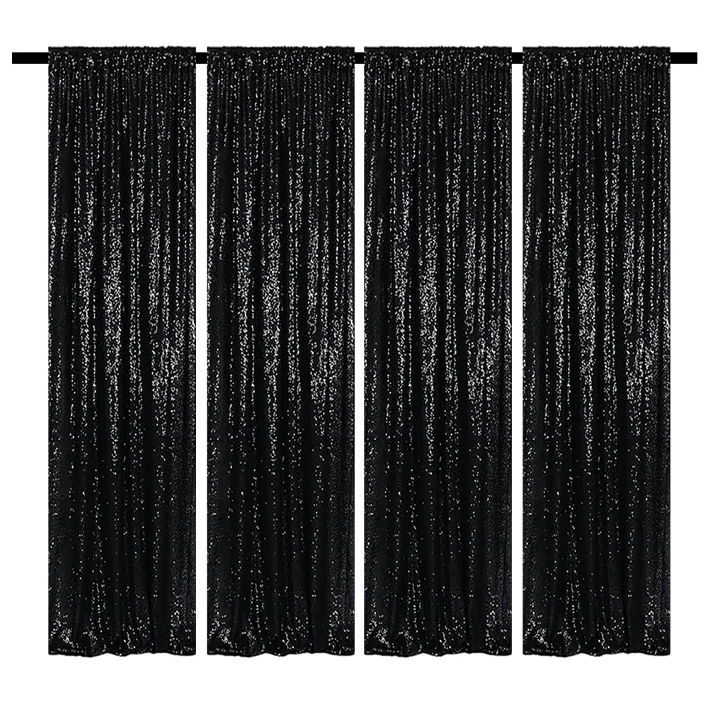 Black Sequin Backdrop Curtains 2FTx8FT - 4 Panels Glitter Drapes for Wedding, Birthday Party, Bridal & Baby Shower Decorations | Sparkly Photography Background | Perfect for Stage Backdrops, Photo Booths & Event Decor