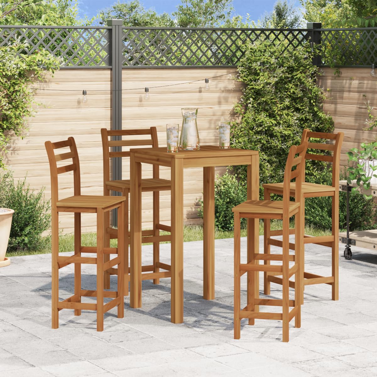 Set of 4 Solid Acacia Wood Bar Stools with Backrest & Footrest - 14.2