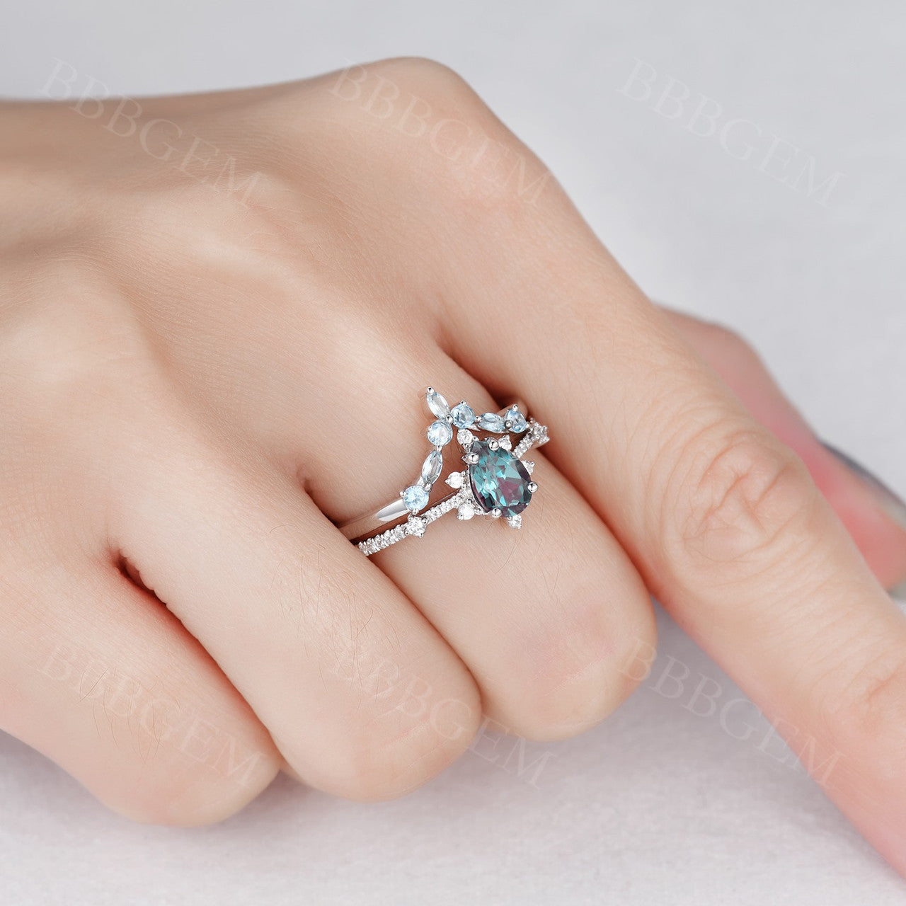 Exquisite Pear Cut Alexandrite Engagement Ring with Curved Topaz Matching Band - Perfect for Proposals, Anniversaries & Special Occasions