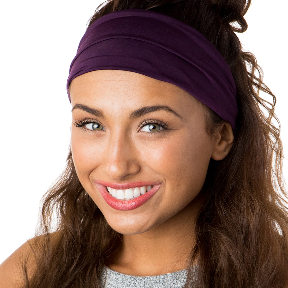 Hipsy Adjustable Wide Sports Headbands for Women & Girls - 4 Pack (Black, Bandana, Charcoal, Plum) - Soft Xflex Hair Bands for Running, Yoga, Workouts & Everyday Wear