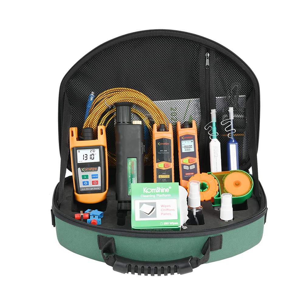 Komshine KLT-15D Fiber Optic FTTH Testing Kit - 200X Microscope, OPM Power Meter, SM Light Source, VFL & Cleaner for SC/FC/ST/LC Connectors - Perfect for Network Installation & Maintenance