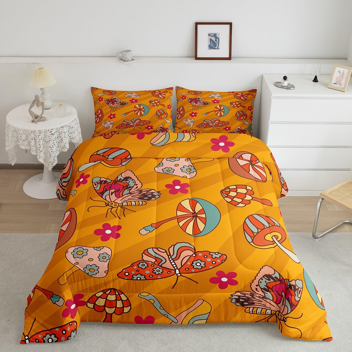 **Groovy Vintage Hippie Mushroom Comforter Set Queen Size - Red Floral Butterfly Duvet Cover with Zebra Stripe Design, Bohemian Bedding for Kids, Boys & Girls - Perfect for Boho Bedrooms, Teen Rooms & Hippie-Themed Parties**