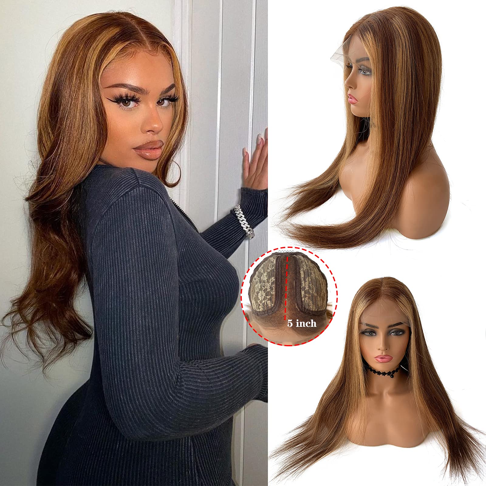 18 Inch Glueless Lace Front Wig Human Hair Straight Blonde Highlights with Brown Mixed Color 150% Density for Women | Natural Look for Daily Wear, Parties & Cosplay