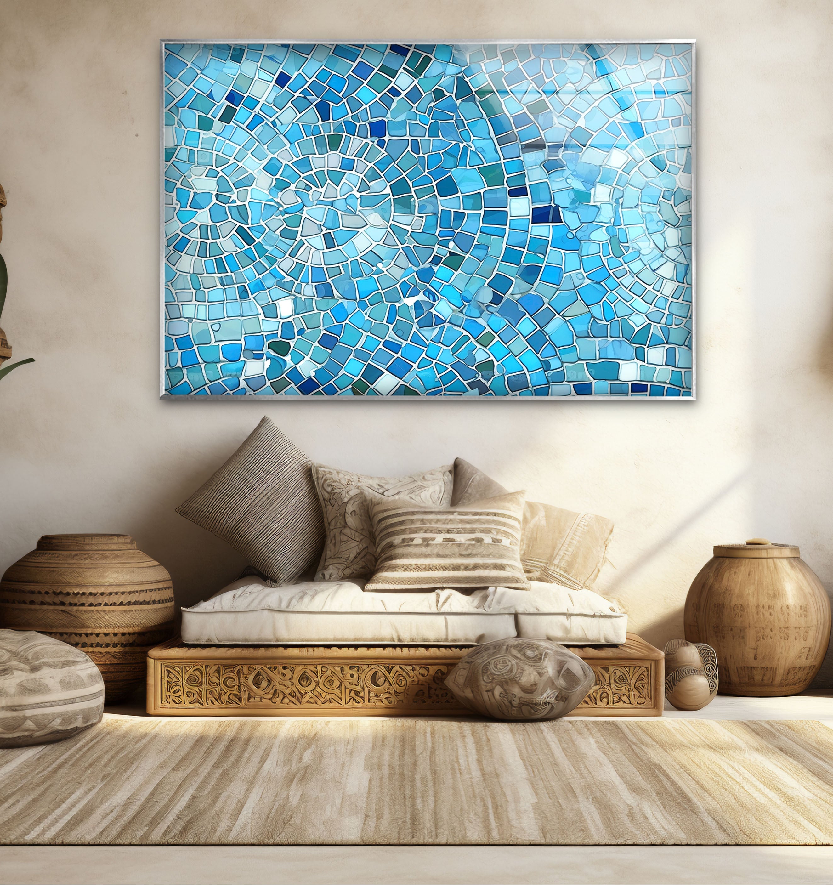 Aqua Blue Mosaic Glass Wall Art - Coastal Geometric Bathroom Decor for Spa, Beach House & Home - Perfect for Bathroom, Living Room, Bedroom Wall Decor