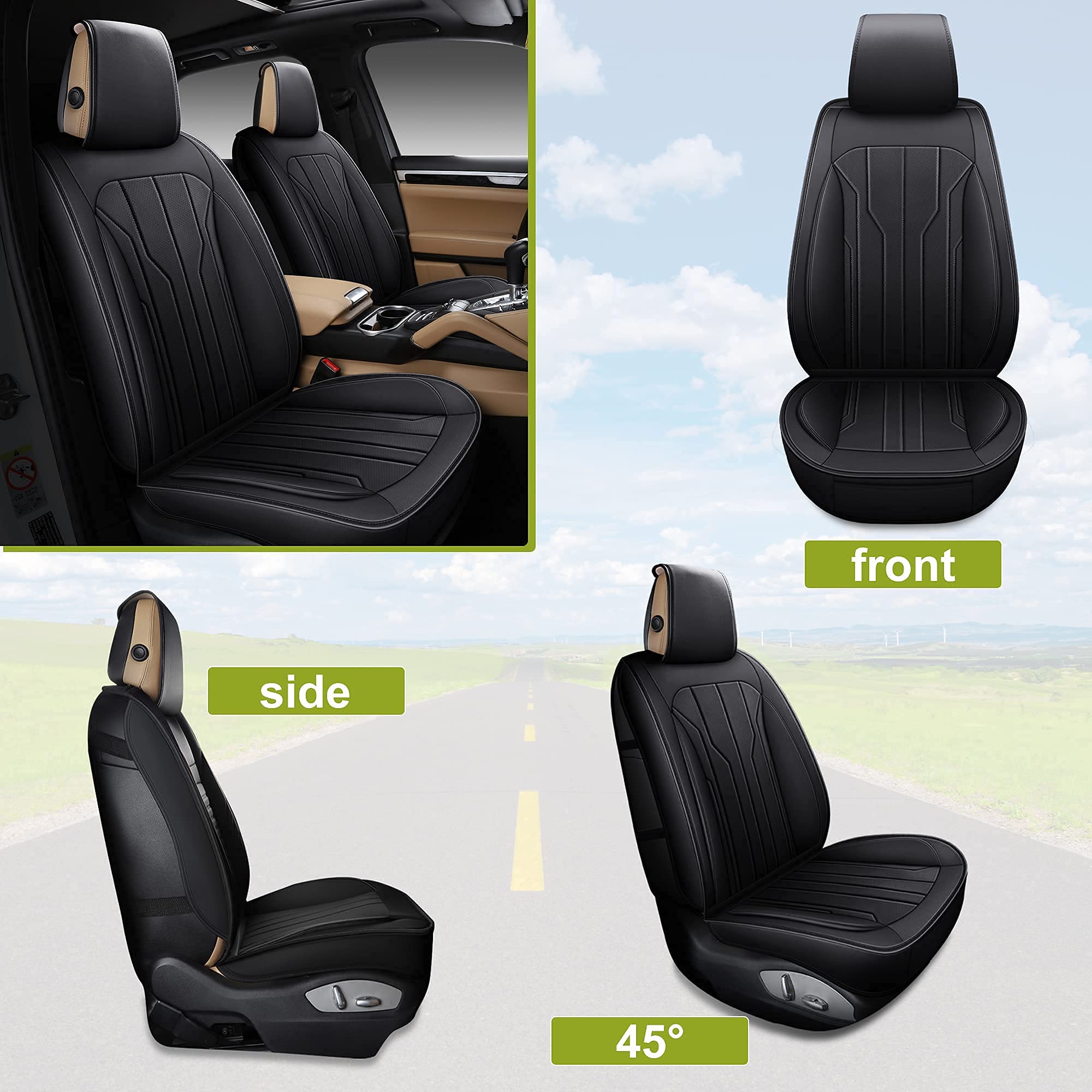 Premium AOOG Leather Car Seat Covers - Universal Fit Leatherette Automotive Seat Protectors for Cars, SUVs & Trucks | Non-Slip Vehicle Interior Accessories (Full Set, Black) | Perfect for Daily Commute, Road Trips & Family Travel