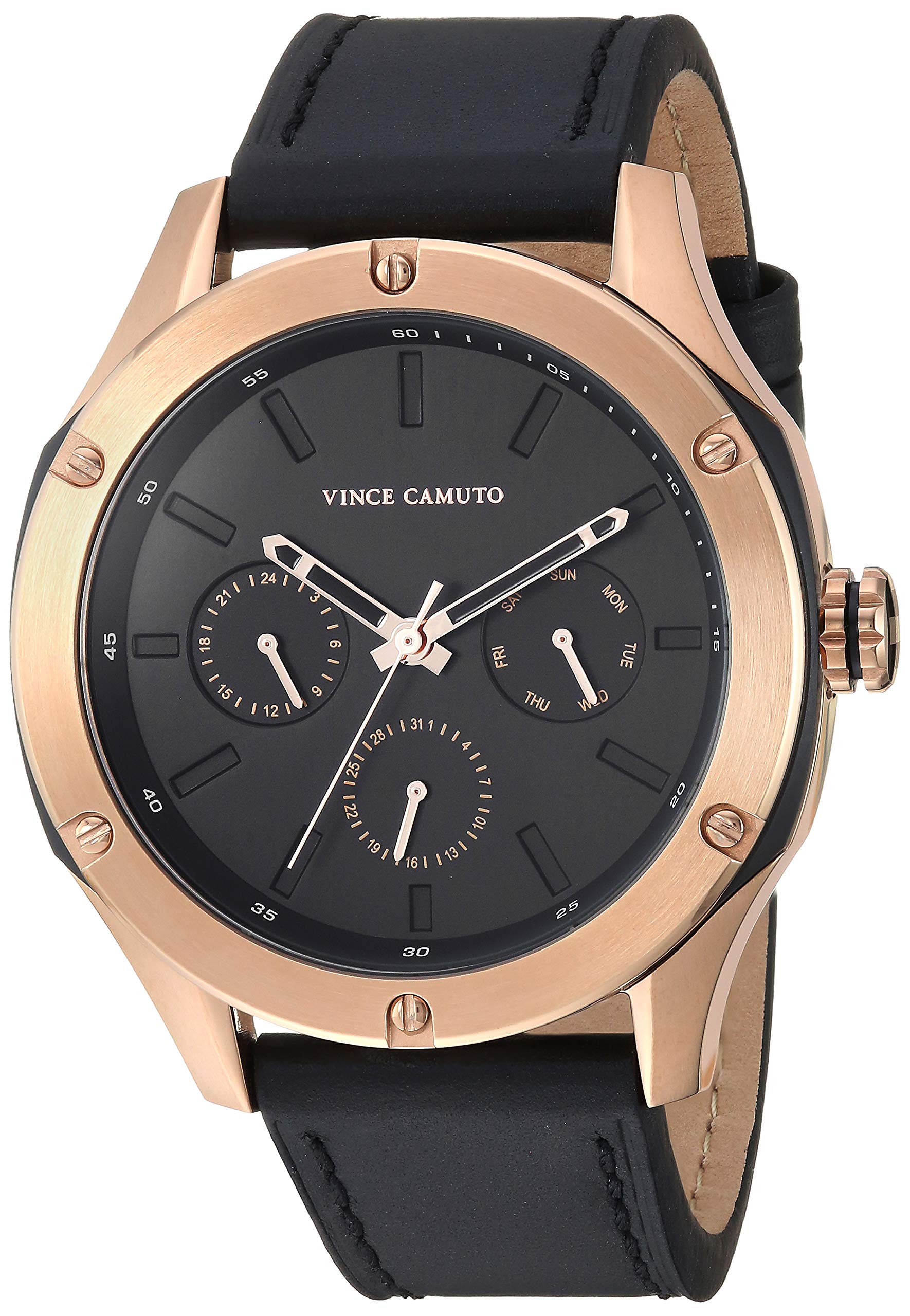 Vince Camuto Men's Rose Gold & Black Leather Strap Watch - Water Resistant, Date Display, Fashion Chronograph for Business, Casual & Formal Occasions