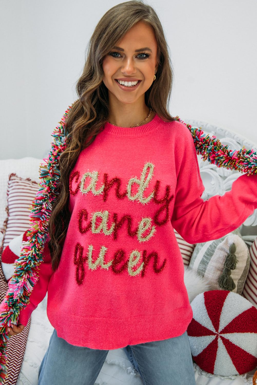 MARZXIN Women's 2024 Strawberry Pink Candy Cane Queen Round Neck Loose Fit Casual Sweater Pullover Tops - Cozy Winter Wear, Holiday Outfits, Christmas Party Fashion