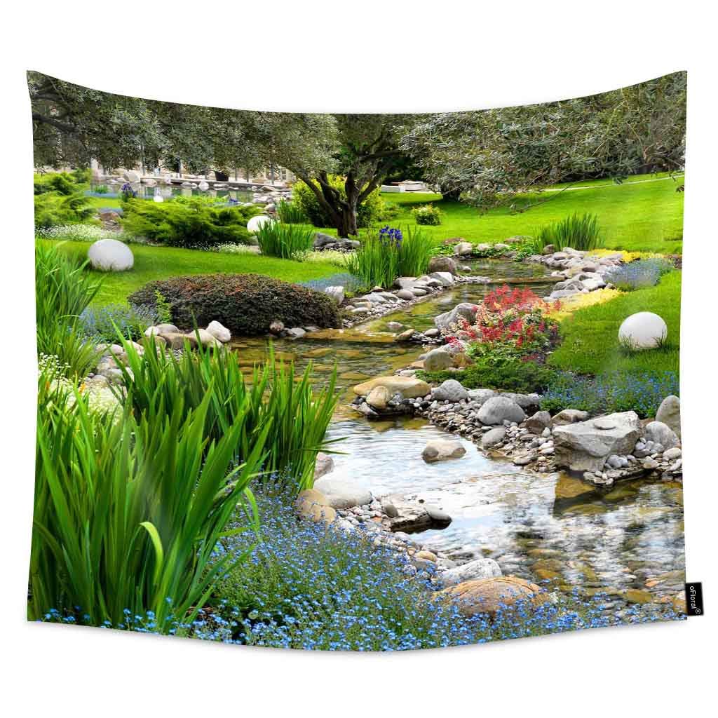 oFloral Asian Style Garden Wall Tapestry - Blooming Leaf Pond Spring Design Home Decor for Bedroom, Dorm, Living Room - 51x60 Inches - Perfect for Boho, Zen & Nature-Inspired Interior Design