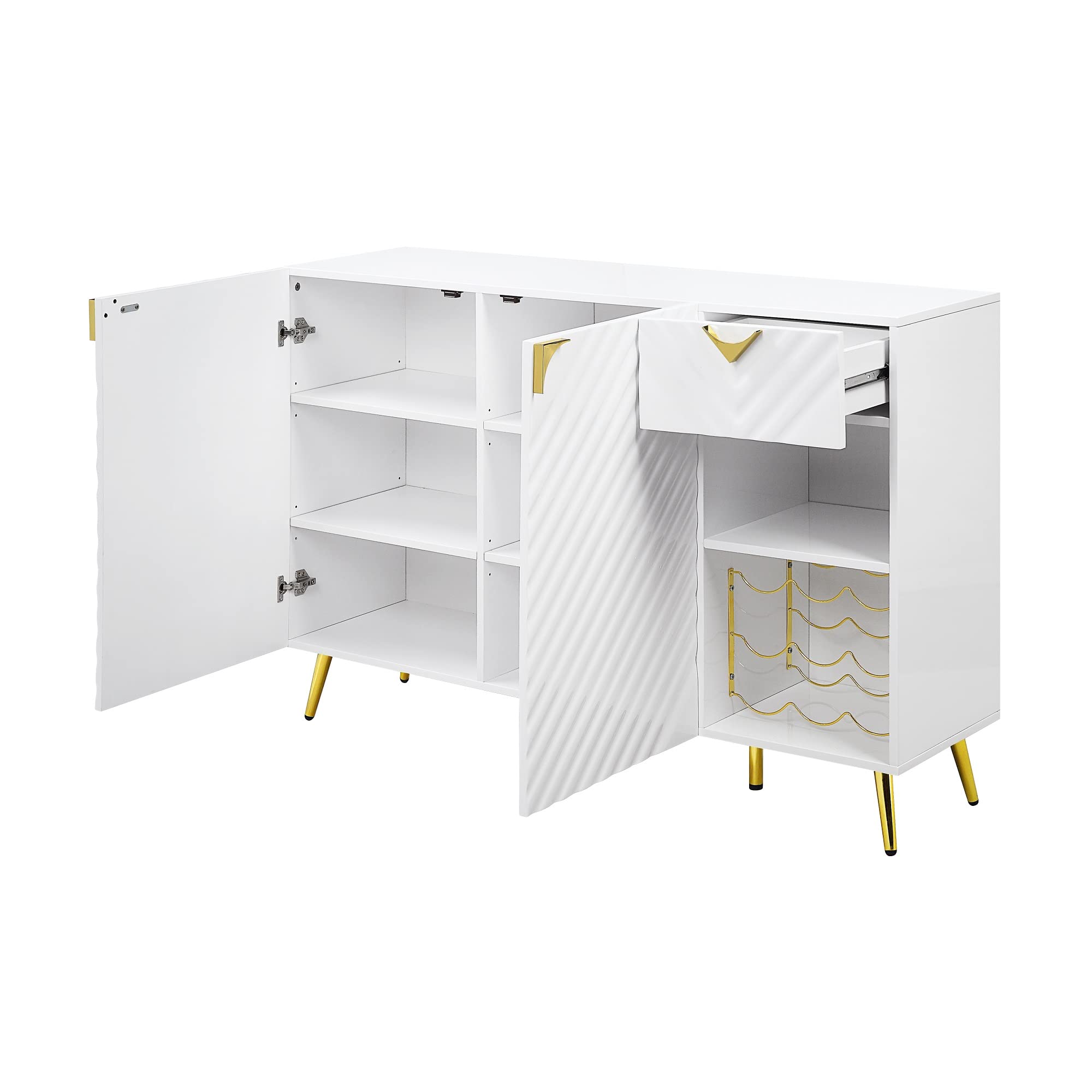 Elountik Gaines Kitchen Buffet Server Sideboard with Storage Cabinet, Wine Rack, Shelves & Drawer - White High Gloss Finish with Gold Legs - Perfect for Dining Room, Living Room or Kitchen Storage Organization
