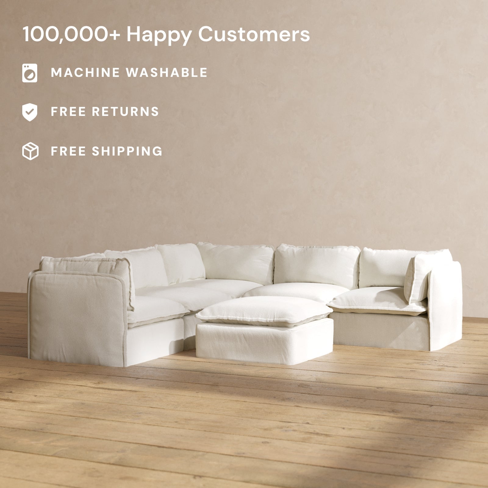 Modular Performance 5-Seater Corner Sectional Sofa with Ottoman in Eggshell Fabric | Modern L-Shaped Couch for Living Room, Family Room & Home Theater | Relaxed Blend Comfortable Seating