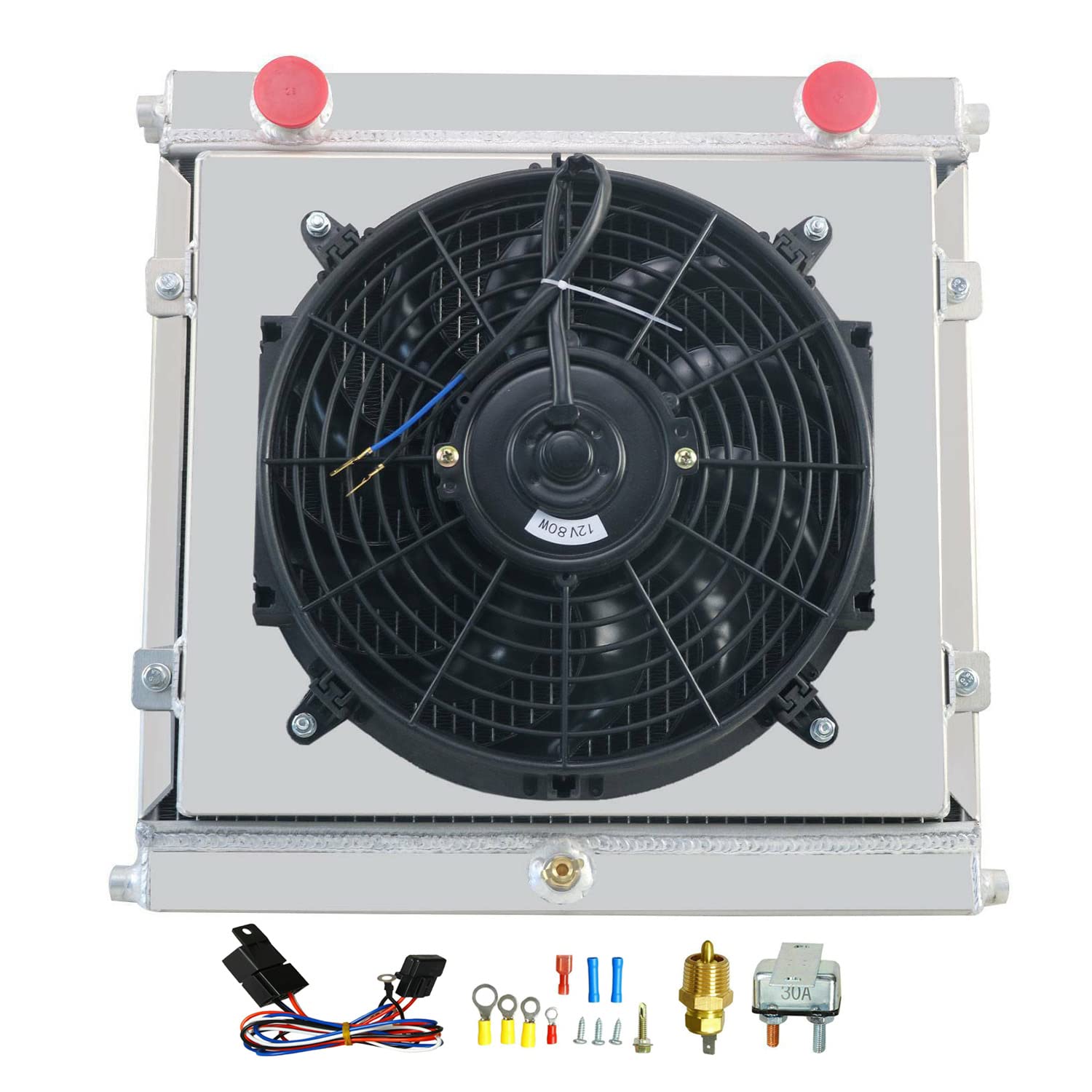 High-Performance Aluminum Radiator for Double Pass Dragster & Roadster - 3 Row Core Cooling with Electric Fan Shroud & Thermostat Kit - Perfect for Racing, Hot Rods & Performance Upgrades