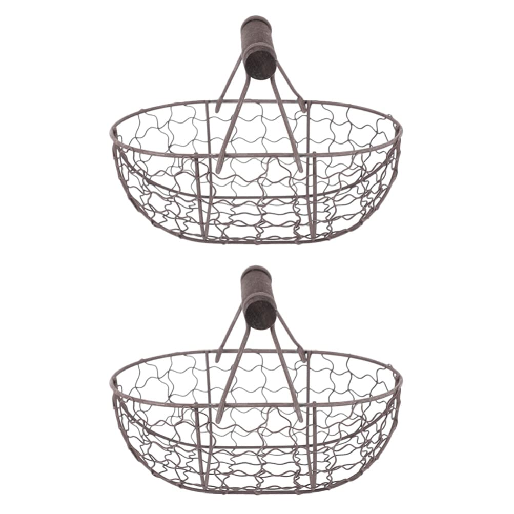 DOITOOL 2-Pack Metal Egg Basket with Wooden Handle - Rustic Farmhouse Wire Chicken Egg Holder for Fresh Eggs, Fruits & Vegetables - Perfect for Farmhouse Kitchen Decor, Farmers Market & Countryside Egg Collection