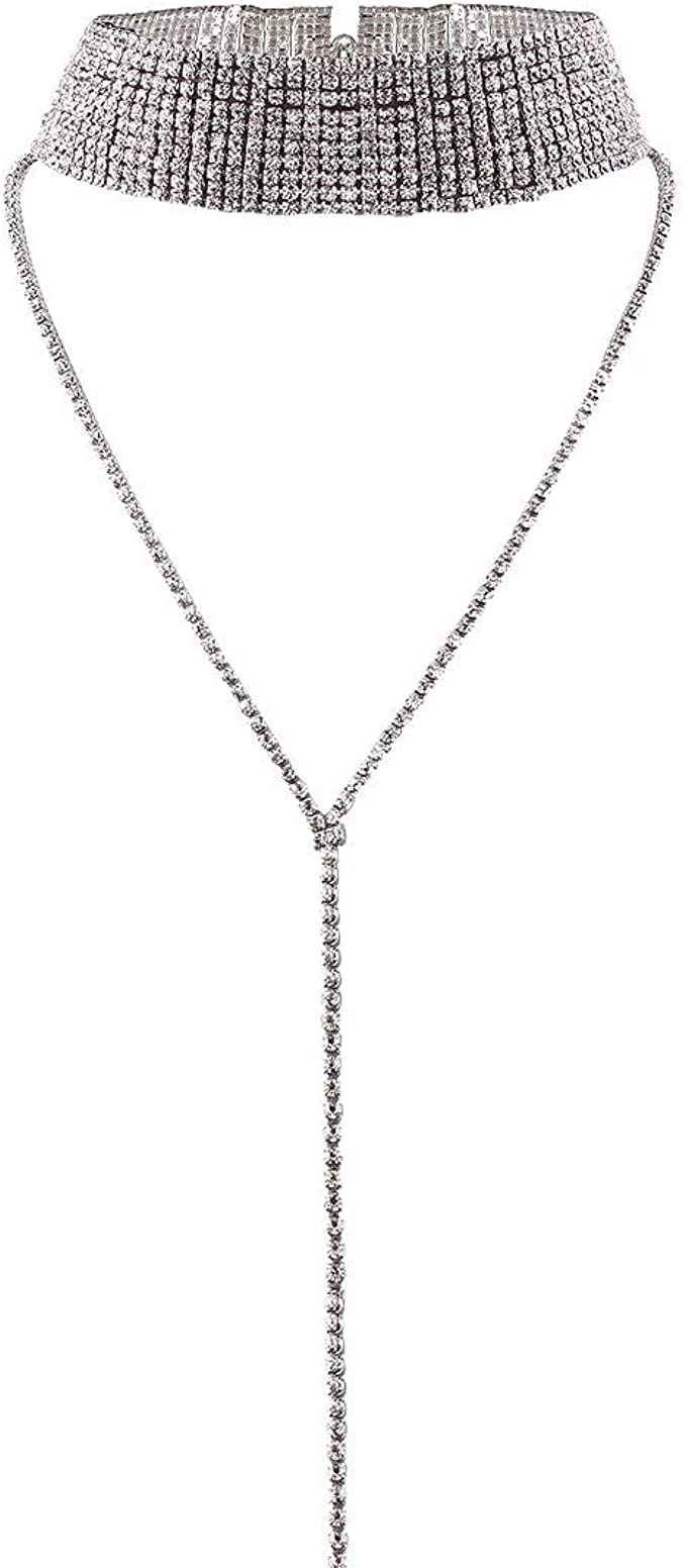 Kercisbeauty Dainty Rhinestone Choker Necklace for Women - Elegant Y Necklace with Diamond Accents, Long Chain Bar Necklace for Party, Evening Wear, Date Night & Special Occasions