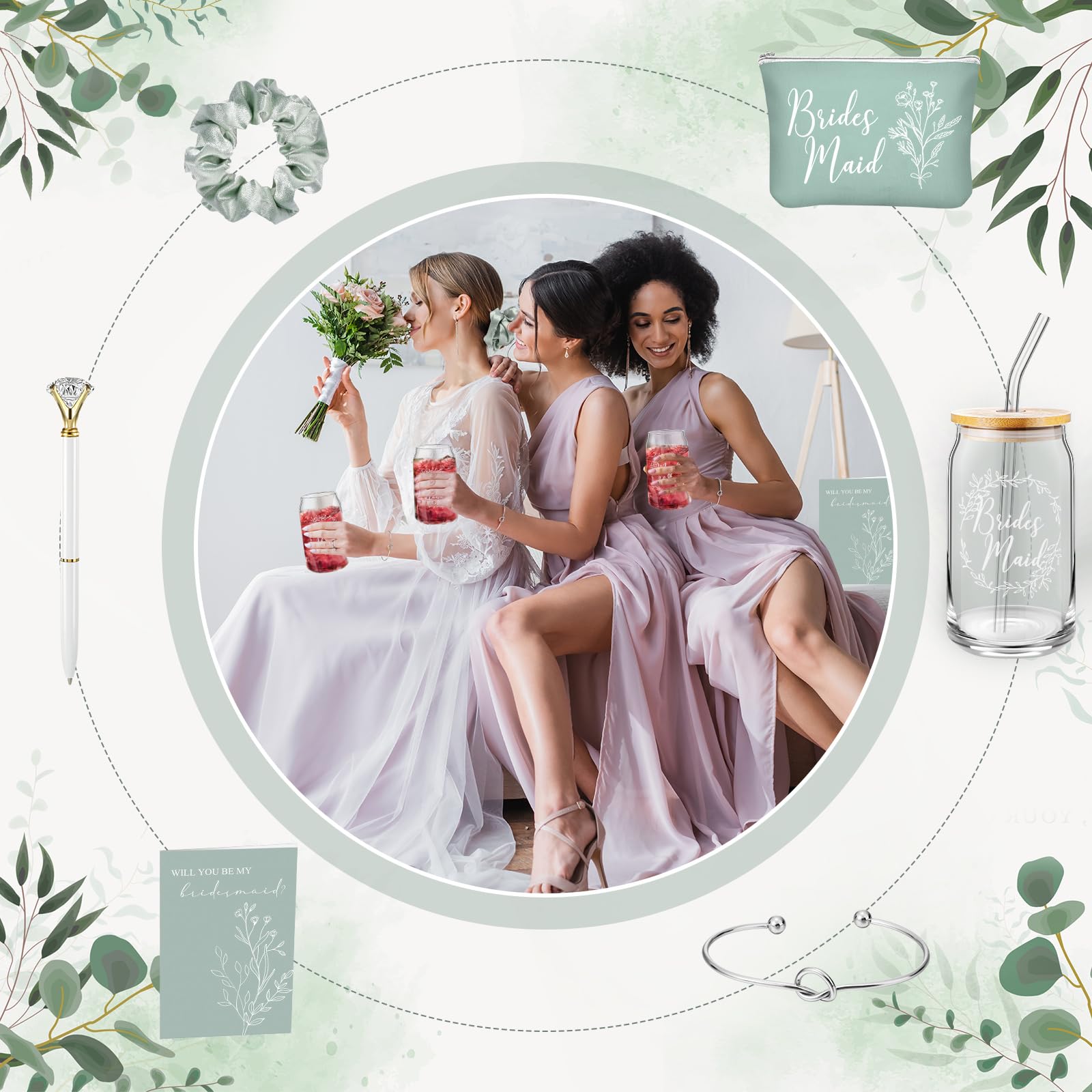 36 Pcs Bridesmaid Proposal Gift Set - 16oz Glass Cup, Cosmetic Bag, Invitation Cards, Scrunchies, Knotted Bracelet & Diamond Pen - Perfect for Wedding Showers, Bachelorette Parties & Bridesmaid Gifts (Green)