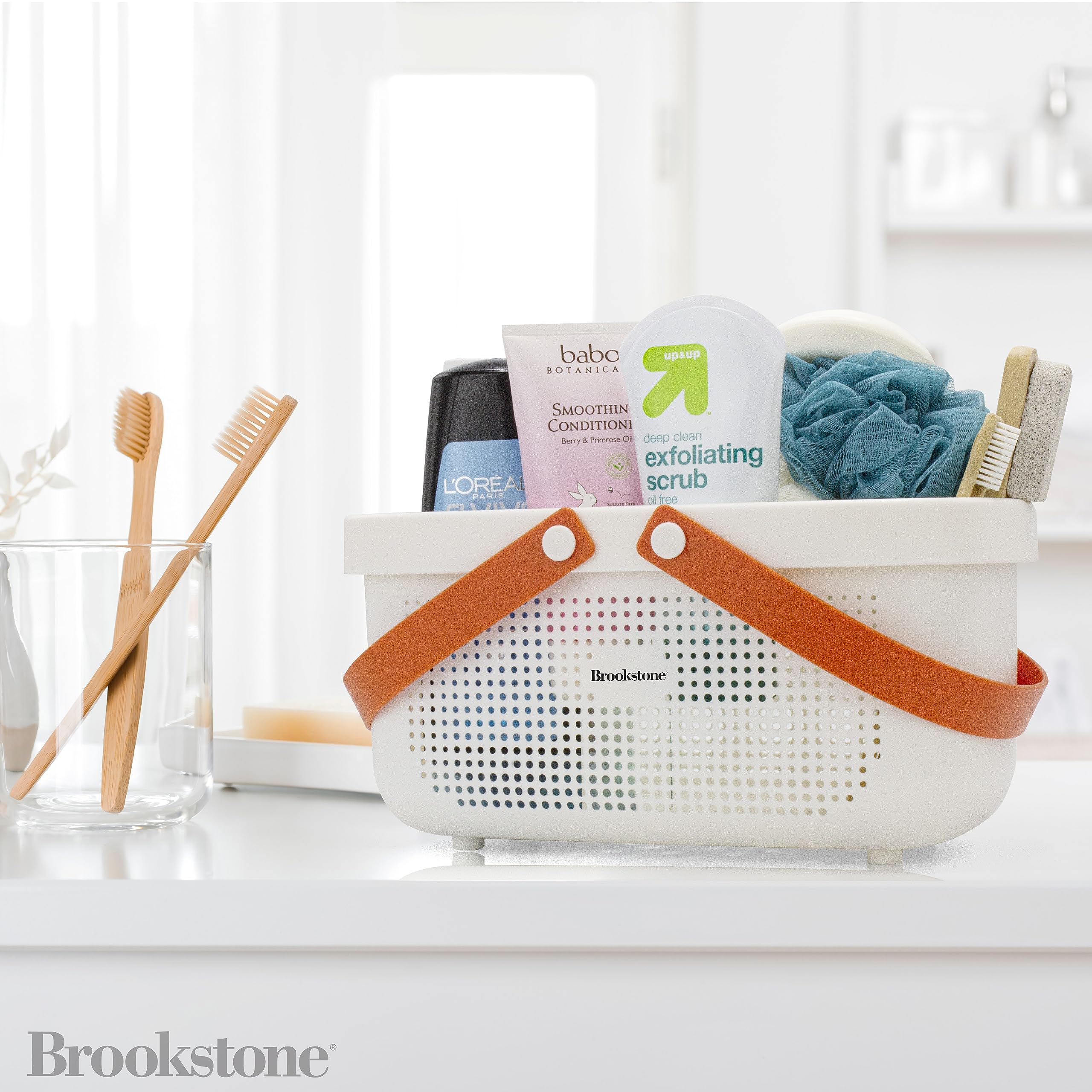 Brookstone BKH1635 Large Portable Shower Caddy - BPA Free Plastic Bath Tote with Soft Silicone Handle, Quick-Dry Drainage Holes - Perfect for Bathroom Organization, College Dorms, Camping & Travel Accessories (White)