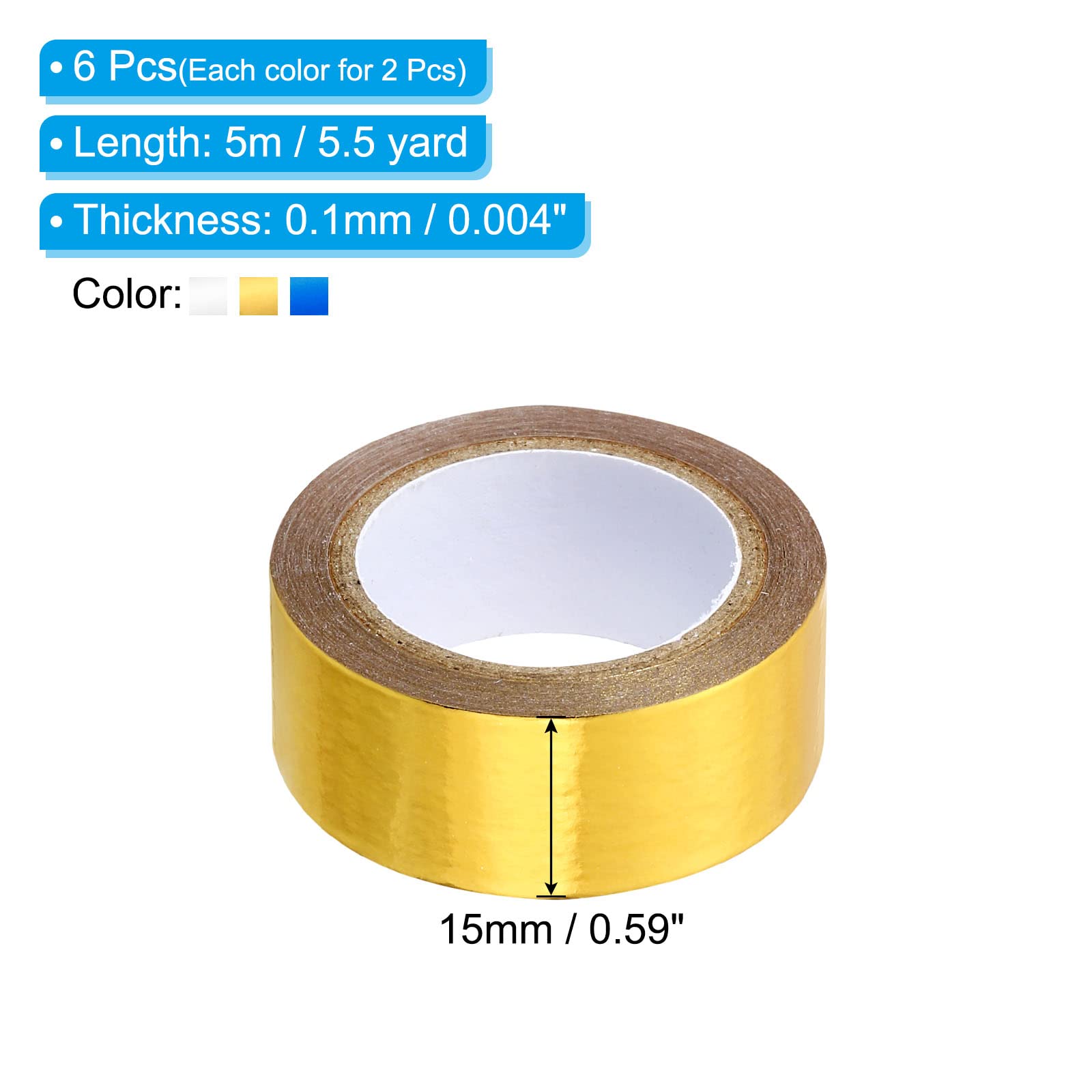 PATIKIL Metallic Washi Tape 15mm x 5m - 6 Pack Mirror Foil Stickers for DIY Crafts, Scrapbooking, Gift Wrapping & Wedding Decorations | Gold, Silver & Blue Self-Adhesive Art Tape | Perfect for Journals, Bullet Planners & Home Decor