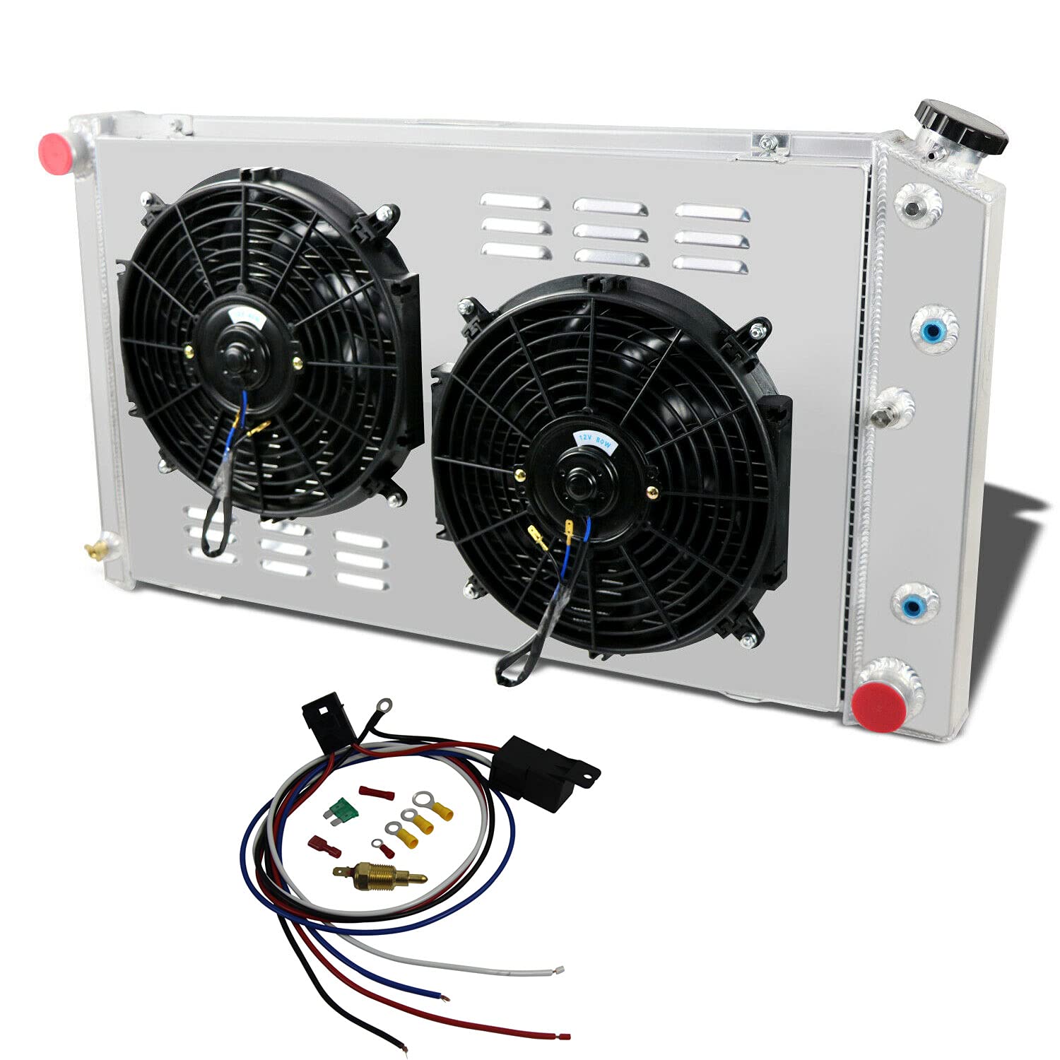 4 Row Aluminum Radiator with Shroud Fan & Relay Kit for 1971-1990 Chevy C/K 10 20 30 & Caprice - Heavy Duty Cooling Upgrade for Classic Trucks & Cars - Perfect for Restoration Projects & Hot Rod Builds