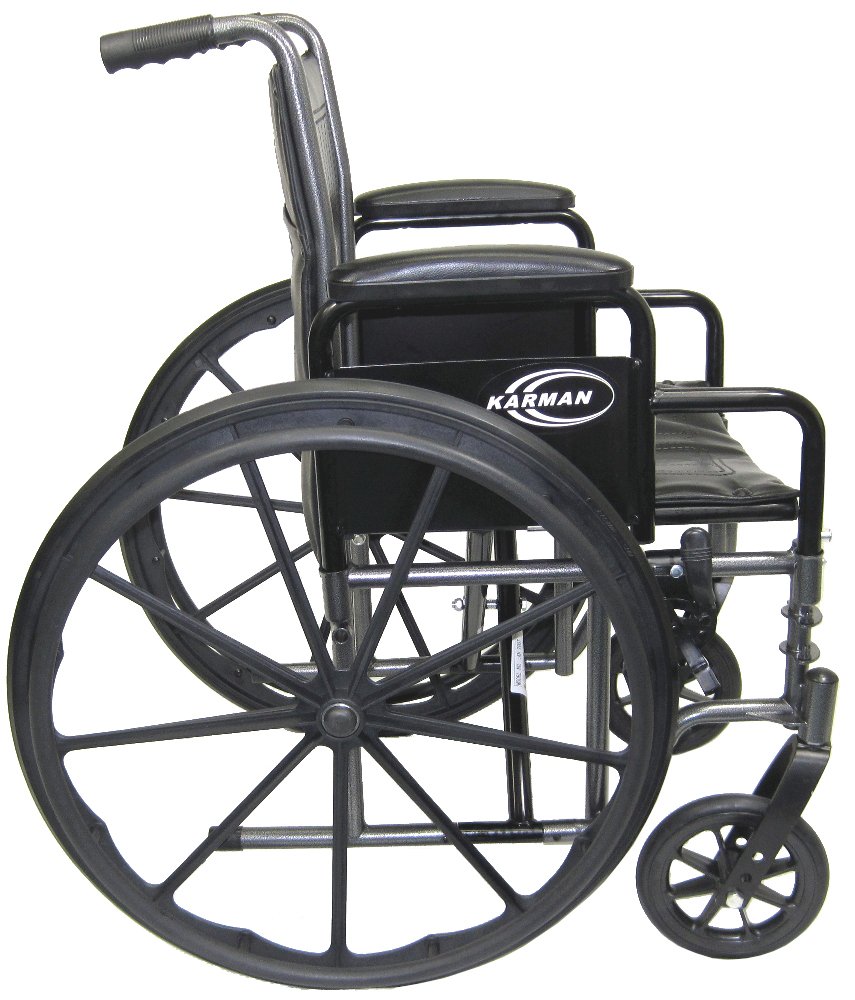 Karman Healthcare T-2017-BK Foldable Steel Transport Wheelchair with Detachable Footrests - Lightweight Mobility Chair for Travel & Doctor Visits (Black, 17