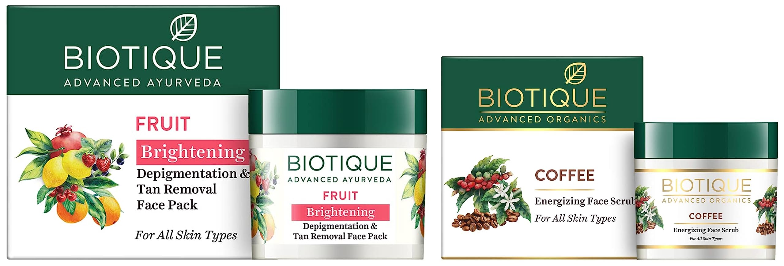 Biotique Fruit Brightening Depigmentation & Tan Removal Face Pack 75g + Coffee Energizing Face Scrub - Natural Skin Brightening & Exfoliating Combo for Glowing Skin - Perfect for Daily Skincare Routine & Spa Day at Home