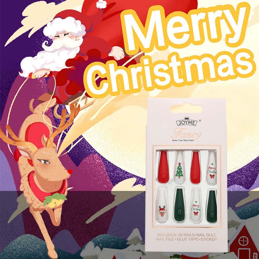 Extra Long Press on Nails - Snowflake Red Christmas Fake Nails with Elk Ballerina Glossy Finish | Full Cover False Nails Santa Claus Acrylic Tips for Women & Girls (30 PCS, Pattern-A) | Perfect for Holiday Parties, Gift Giving & Festive Nail Art