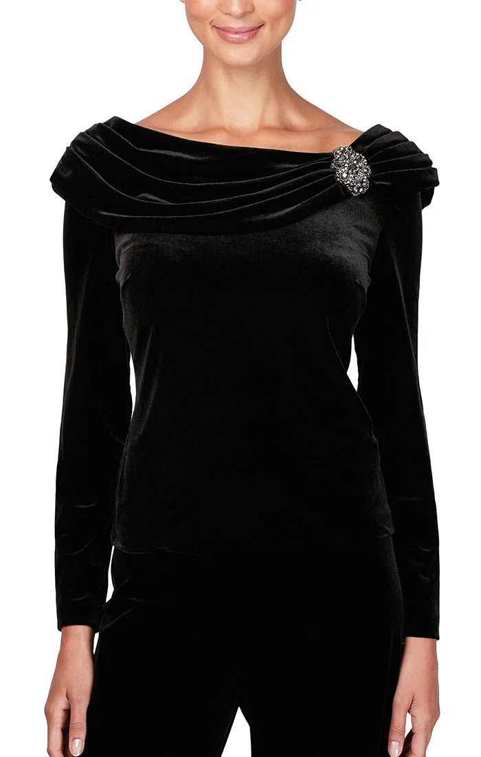 Alex Evenings Women's Long Sleeve Velvet Blouse with Decorative Brooch - Elegant Plus Size Evening Top for Parties, Dinner Dates & Special Occasions (Style 3916945)