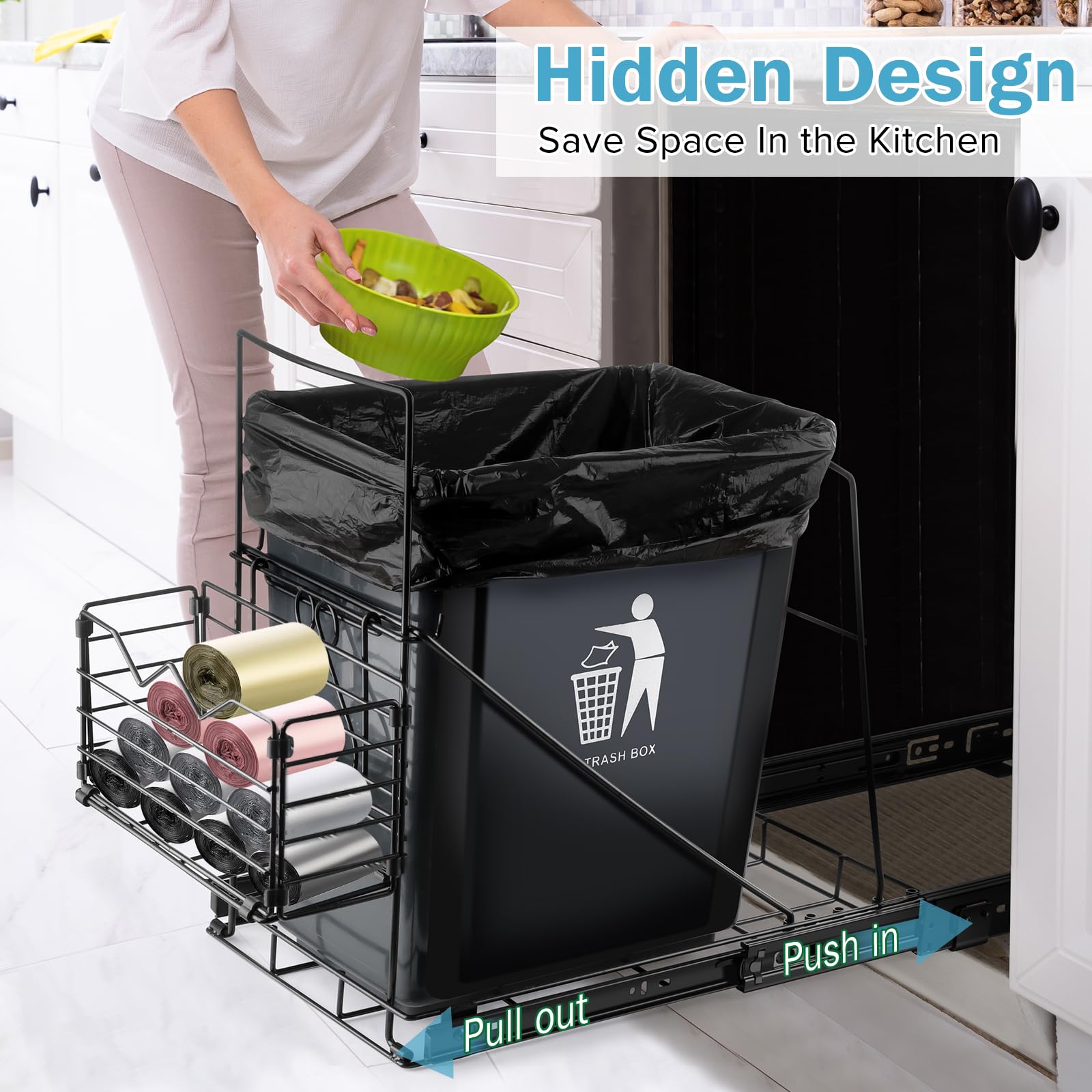 Under Cabinet Pull Out Trash Can with Detachable Front Basket - Hidden Kitchen Garbage Bin for Sink Storage, Perfect for Small Spaces & Easy Garbage Bag Access (Trash Can Not Included) - Ideal for Kitchens, Bathrooms & RVs