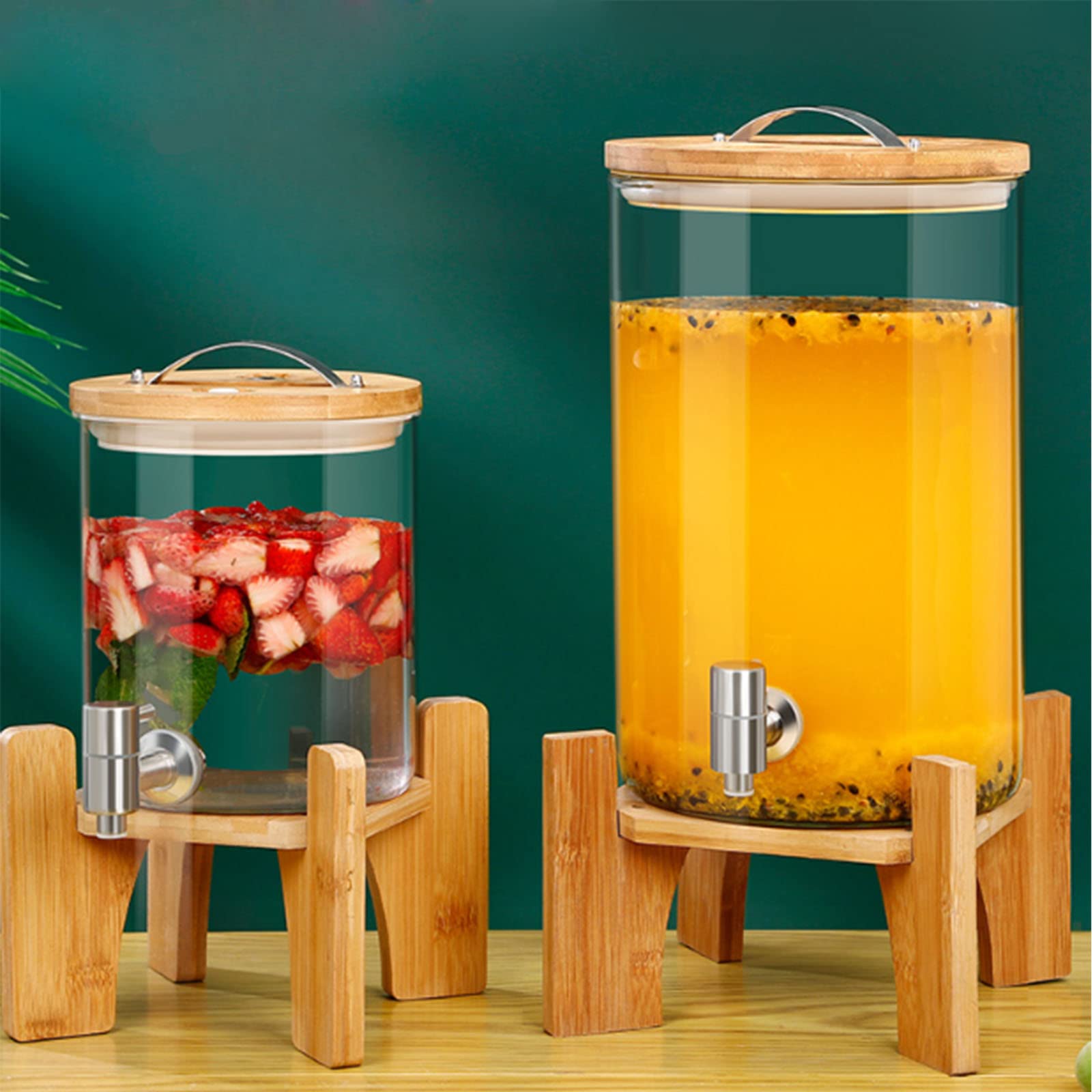 Premium 7.5L Glass Drink Dispenser with Wooden Stand - Stainless Steel Faucet & Airtight Bamboo Lid - Elegant Beverage Dispenser for Parties, Weddings, BBQs & Outdoor Events (20x20cm/8x8inch) - Perfect for Lemonade, Iced Tea & Cocktails
