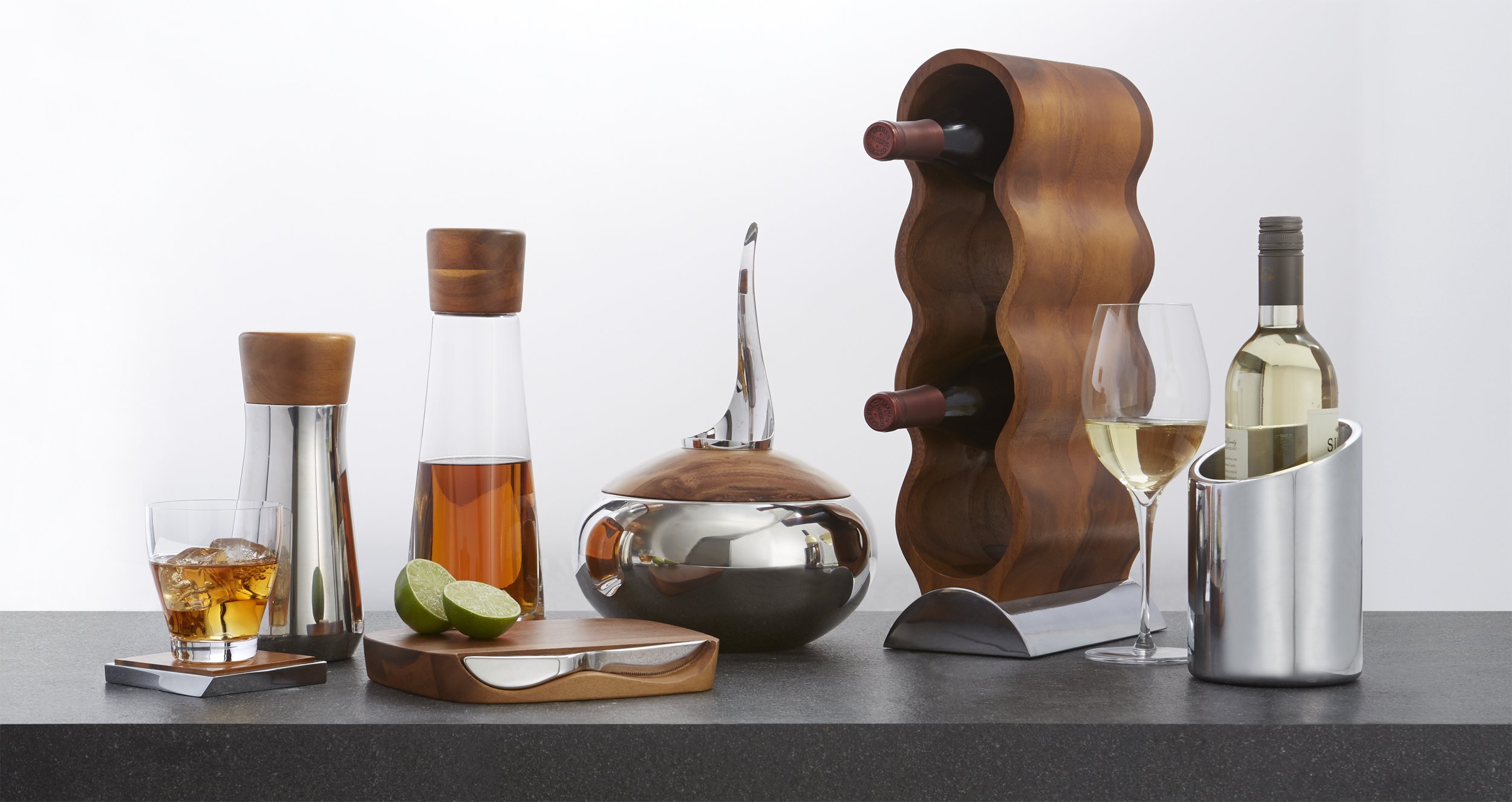 Nambe Curvo Acacia Wood & Silver Alloy Wine Rack - Modern Countertop Wine Bottle Holder for Kitchen, Dining Room & Home Decor - Space-Saving Wine Storage Solution by Steve Cozzolino