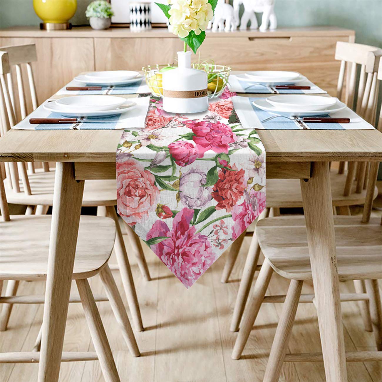Blooming Peonies Roses Table Runner - Wedding Kitchen Decor 14x72in