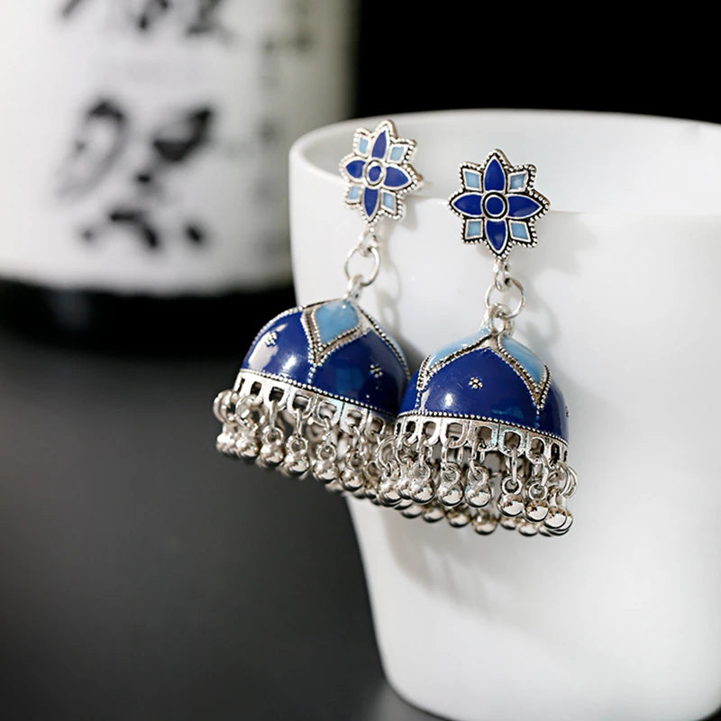 Bohemian Floral Jhumka Earrings with Silver Tassels - Handmade Ethnic Indian Jewelry for Women (E905) | Perfect for Festivals, Weddings & Boho Fashion Accessories