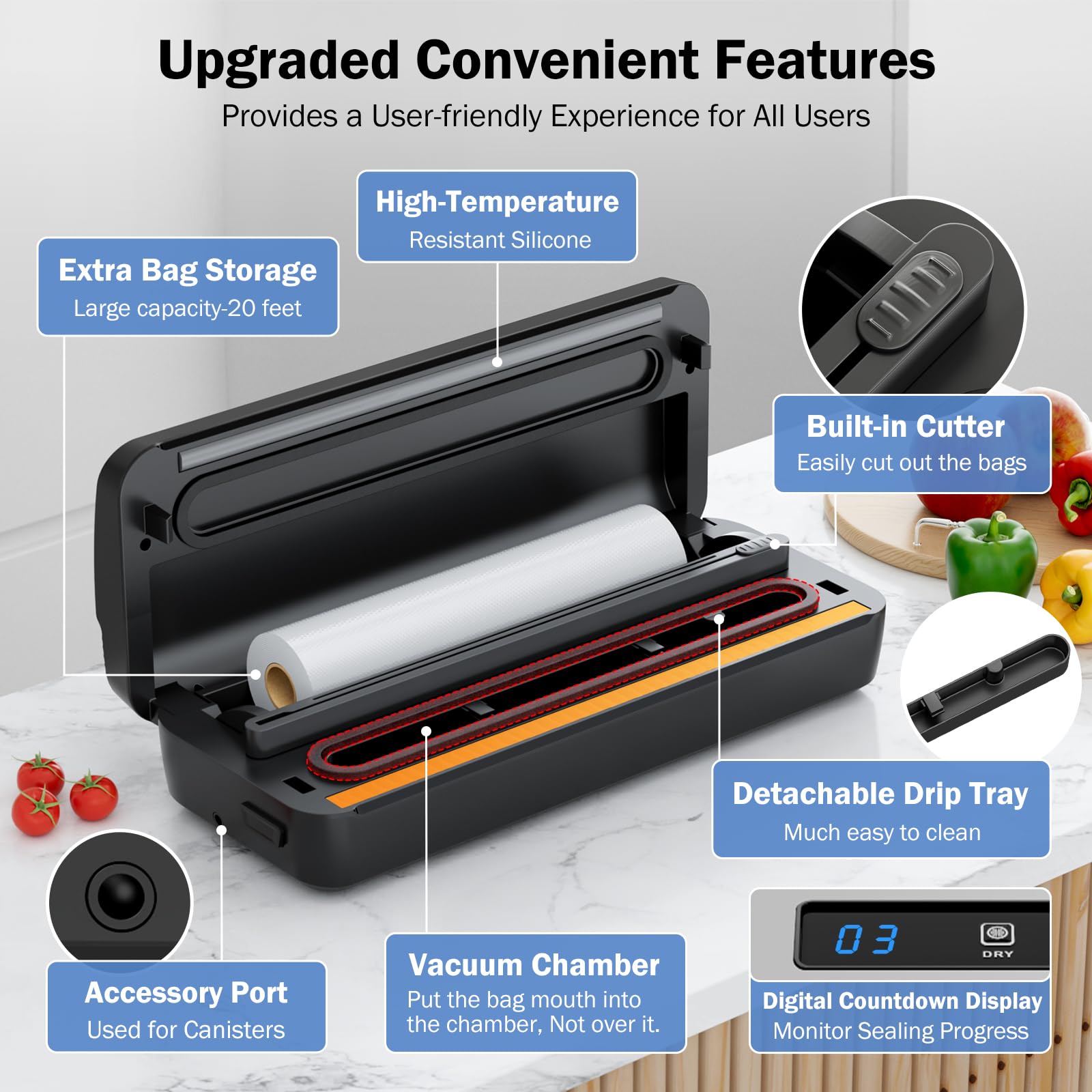 Premium Vacuum Sealer Machine - 80Kpa Powerful Compact Food Saver with Dry & Moist Modes, Includes 5 Bags & 1 Roll - Perfect for Meal Prep, Sous Vide, and Long-Term Food Storage (Silver)