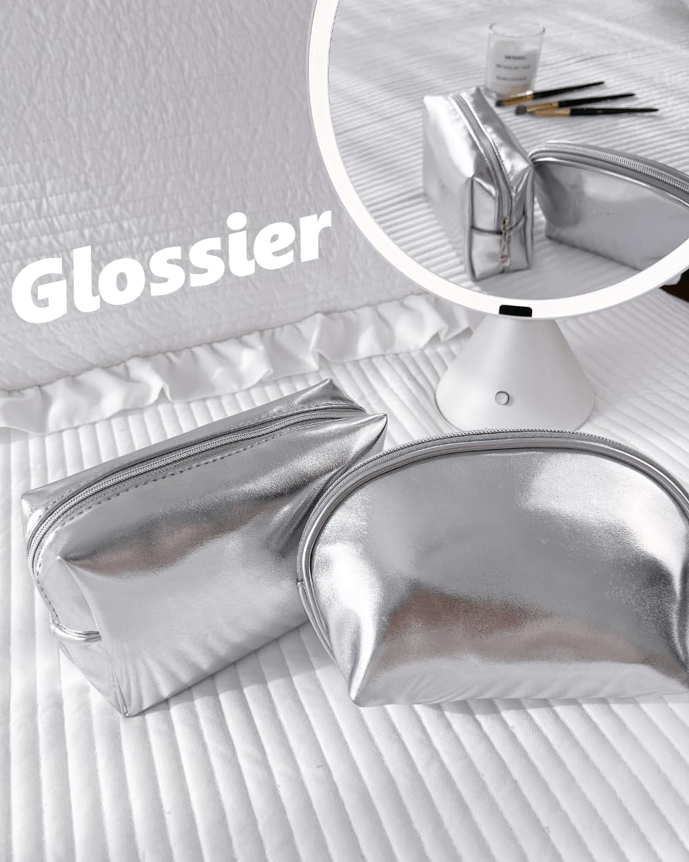 Small Makeup Bag for Women | Silver Leather Cosmetic Pouch | Travel & Everyday Essentials Organizer