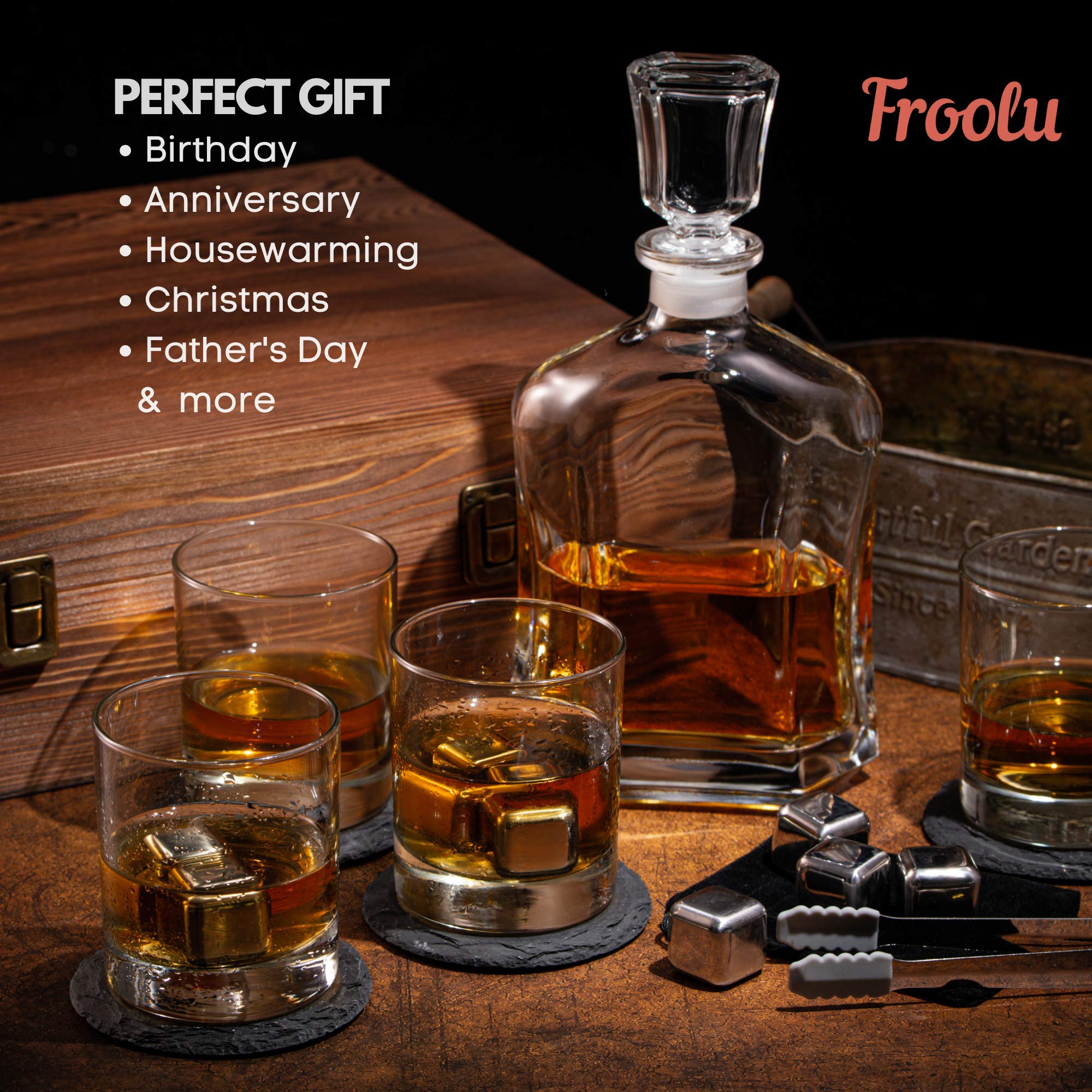 Premium Whiskey Decanter Set with 4 Scotch Glasses & Accessories - Elegant Wooden Gift Box for Men, Husband, Dad - Perfect for Home Bar, Anniversary, Birthday & Holiday Gifts - Whiskey Lover's Essential for Chilling & Serving Bourbon, Scotch & Liquor