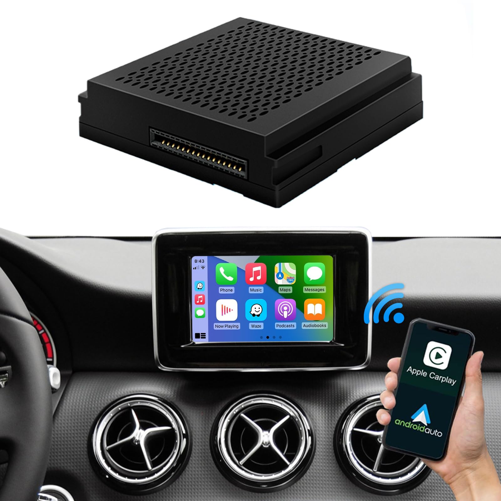 Road Top Wireless CarPlay & Android Auto Adapter for Mercedes Benz A/B/C/E/CLA/GLA/GLK/ML/SLD 2012-2015 with NTG4.5 System - Bluetooth, Navigation, Mirror Link, Siri Support - Perfect for Hands-Free Driving & Seamless Smartphone Integration