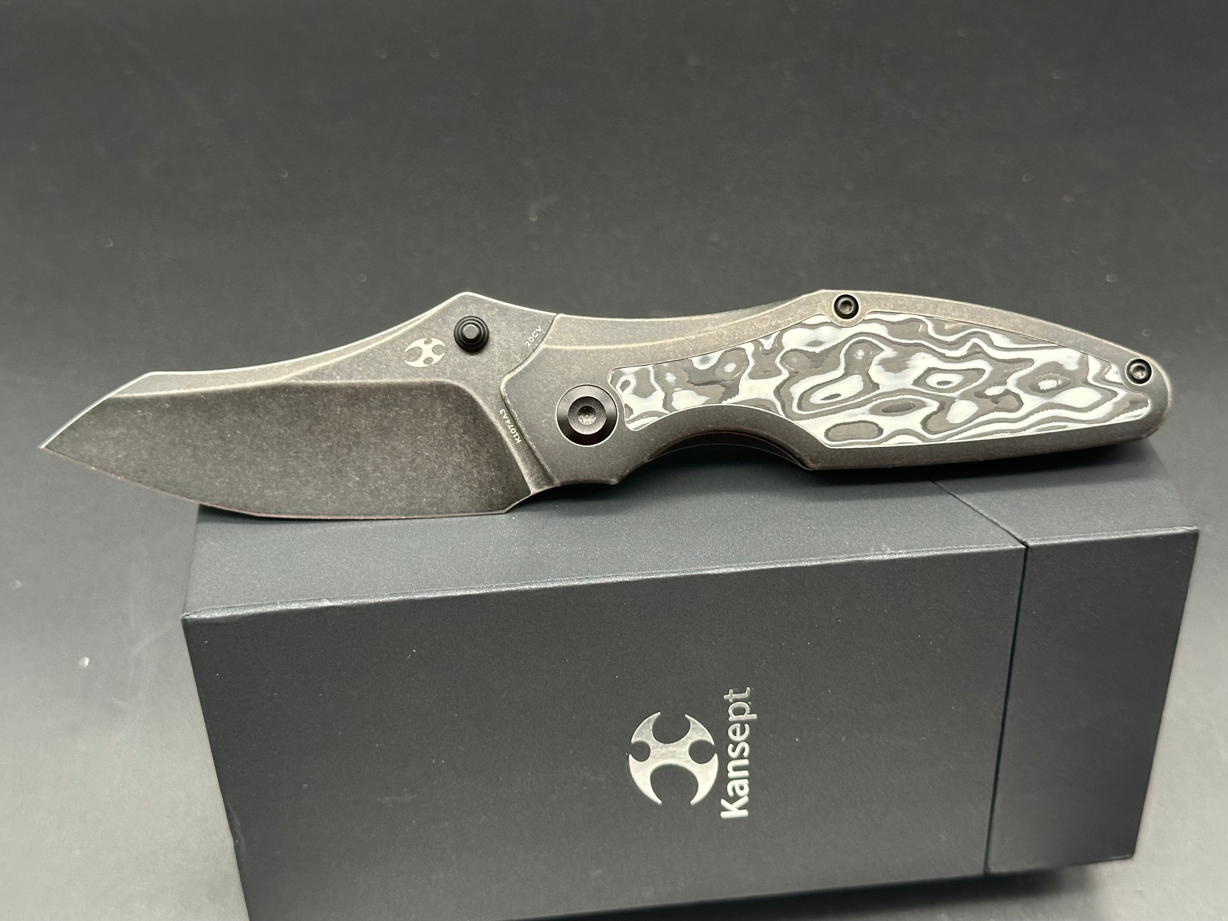 KANSEPT BABA YAGA Folding Knife - Blackwash Titanium Handle with Black/White Nebula Carbon Fiber Inlay, 20CV Steel Plain Edge Blade - EDC, Outdoor, Camping, Survival Gear